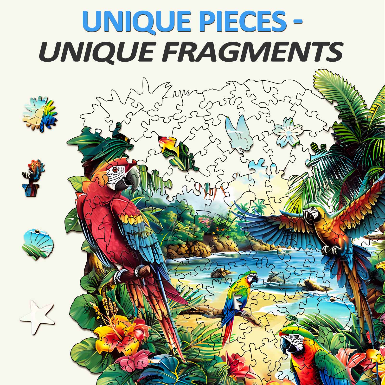 Colorful Tropical Parrot jigsaw puzzle pieces showcasing unique fragments and vibrant design, ideal for puzzle lovers.