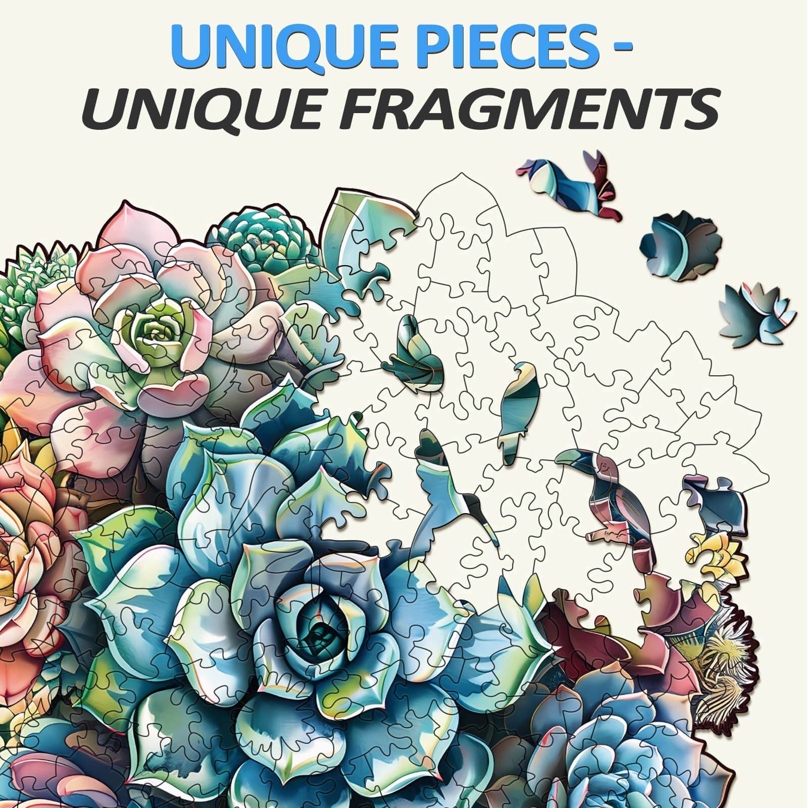 Elegant Succulent wooden jigsaw puzzle featuring unique pieces and vibrant colors, ideal for mind games and puzzle exploration.