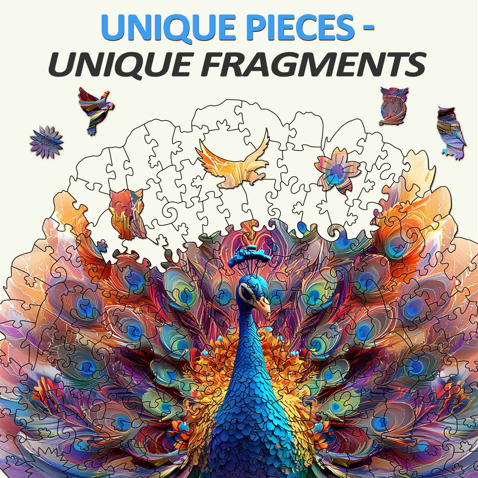 Striking Peacock Wooden Jigsaw Puzzle featuring colorful unique pieces and vibrant art for an engaging mind game experience.