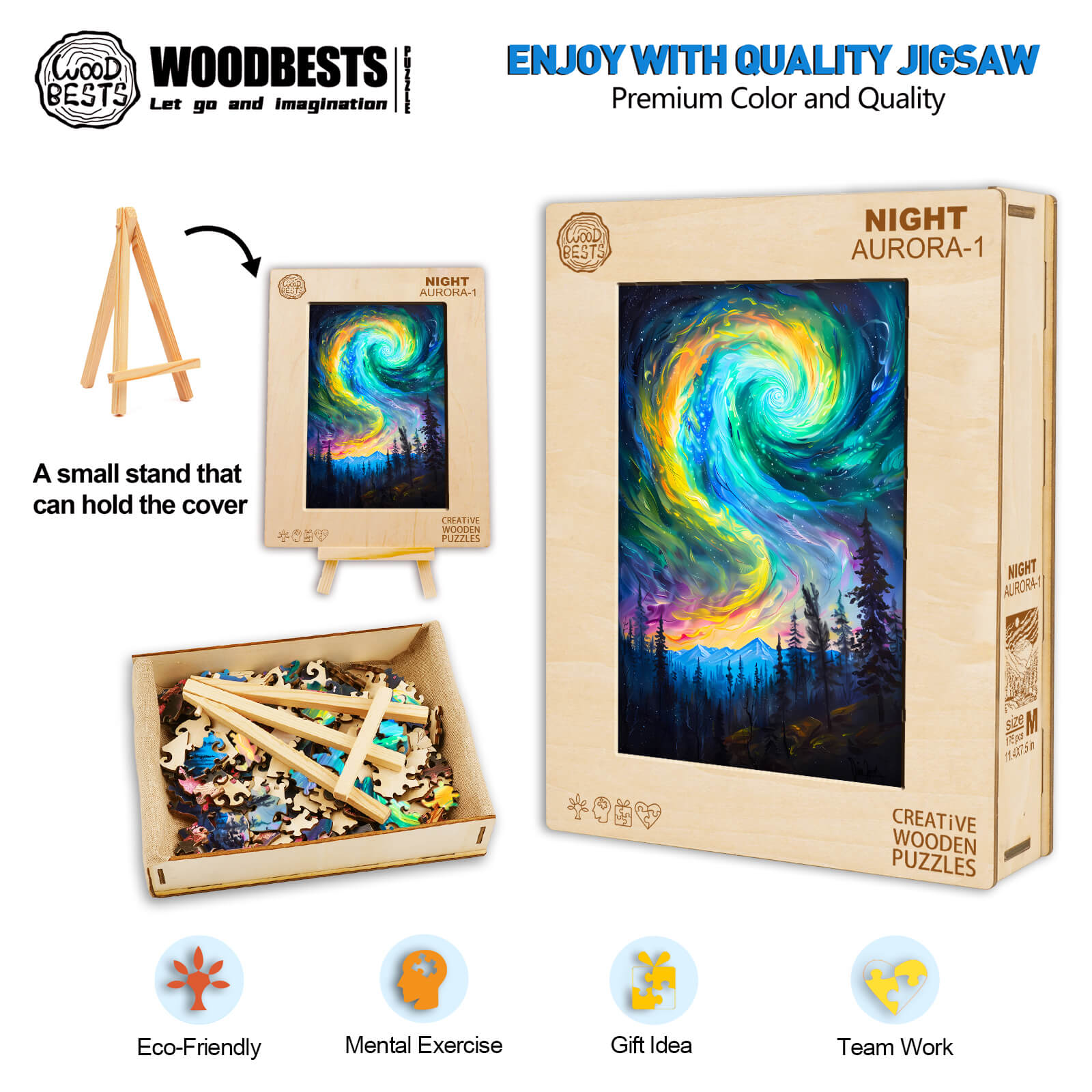 Night Aurora-1 wooden jigsaw puzzle featuring vibrant colors, eco-friendly materials, and gift options for puzzle enthusiasts.