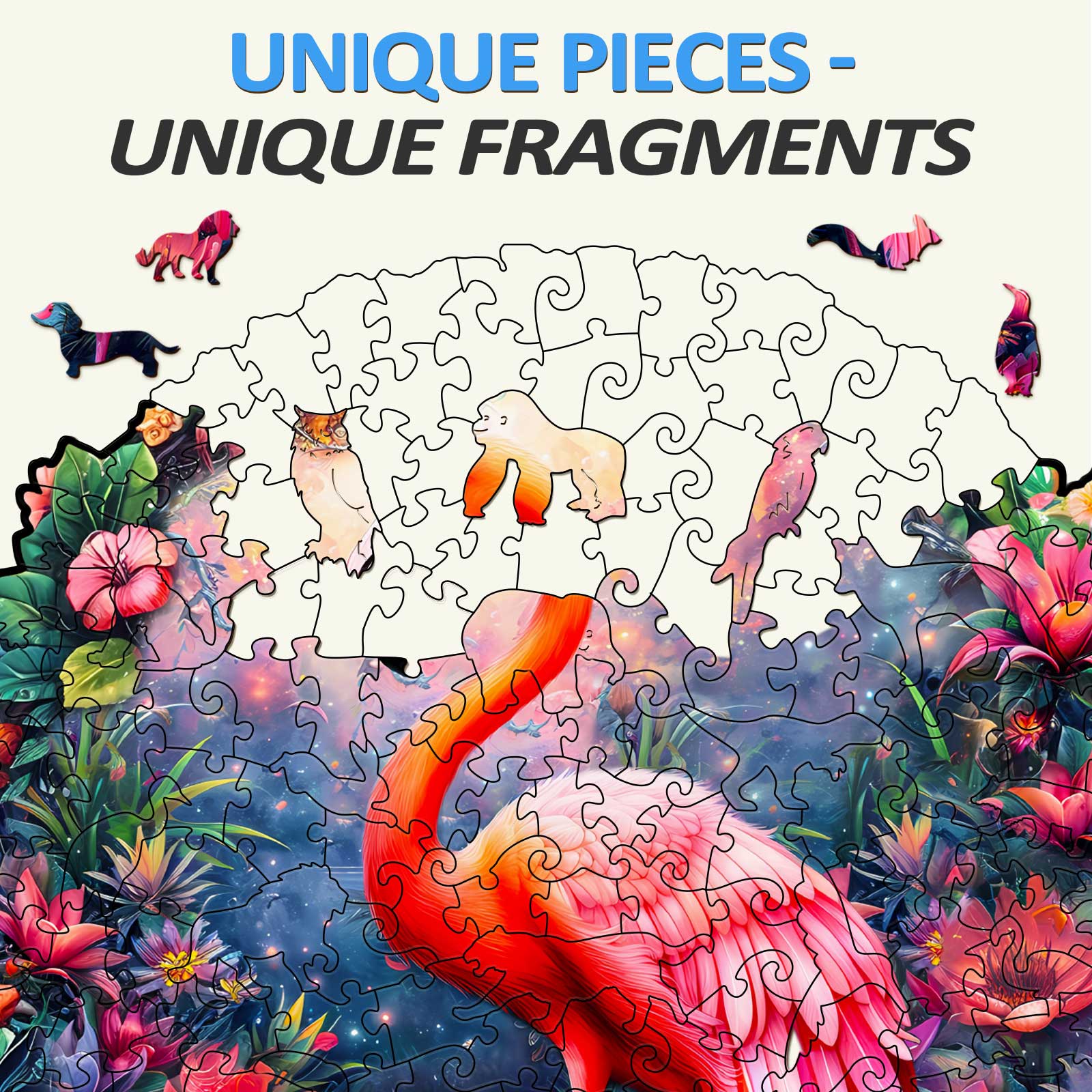 Elegant Flamingo Wooden Jigsaw Puzzle featuring unique, colorful pieces amidst vibrant floral design.