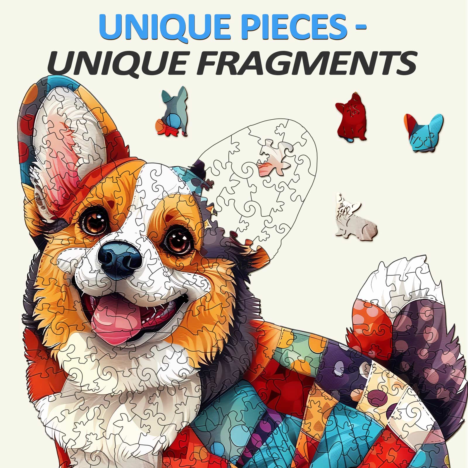 Colorful Patchwork Corgi wooden jigsaw puzzle pieces with unique fragments for mind games and focus.
