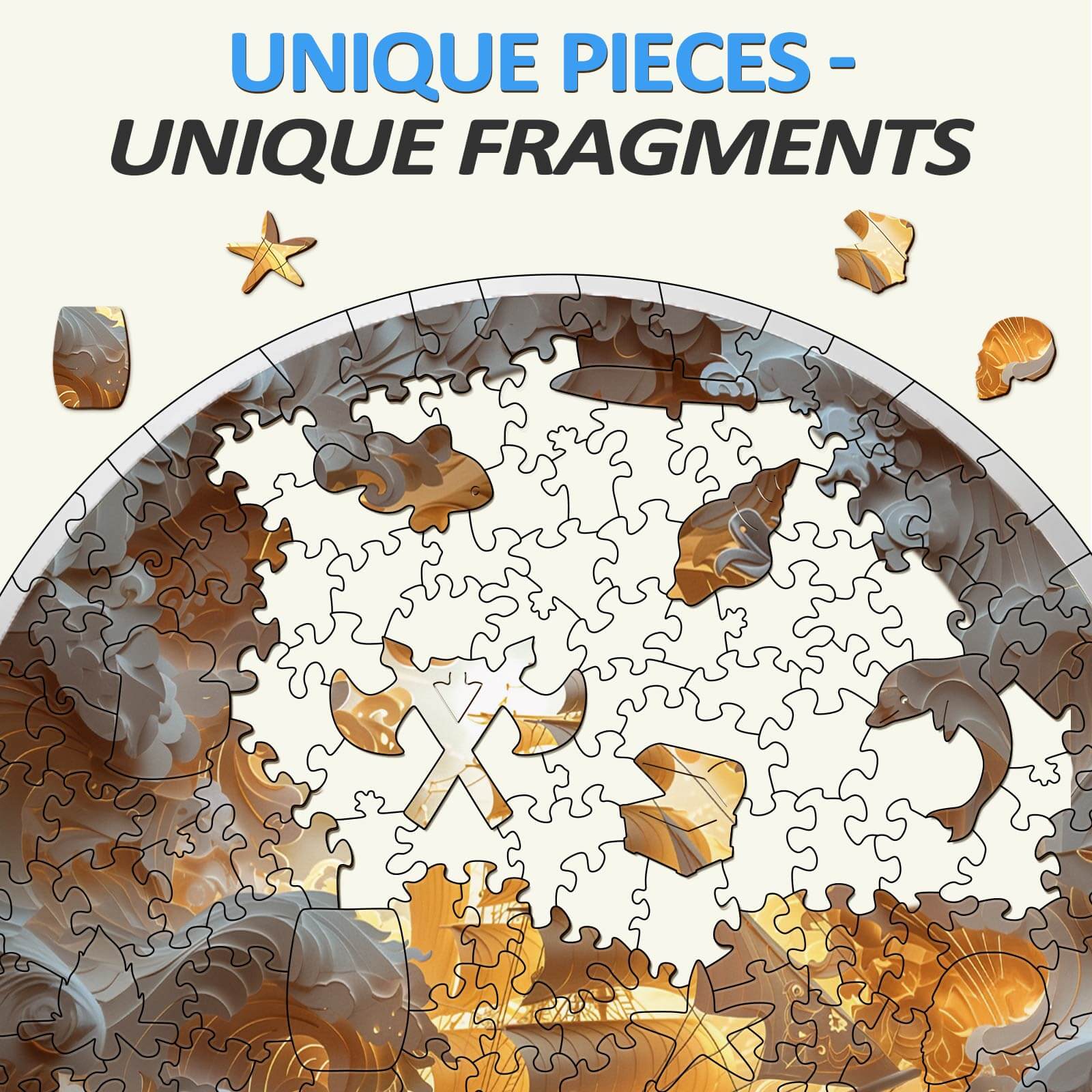 Close-up of unique puzzle pieces featuring seashells and dolphins, showcasing intricate design for 3D Sailing-2 puzzle.