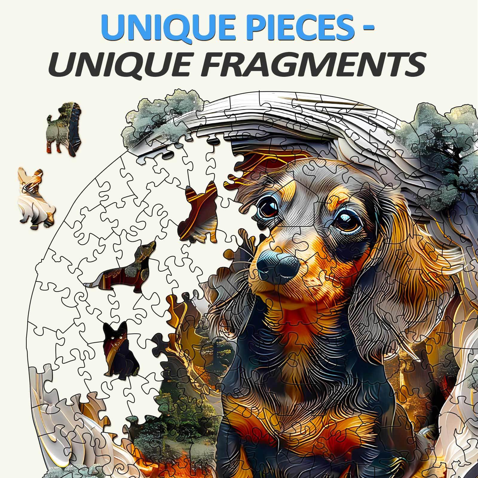 Colorful 3D Dachshund wooden puzzle featuring unique pieces and vibrant design for creative fun.