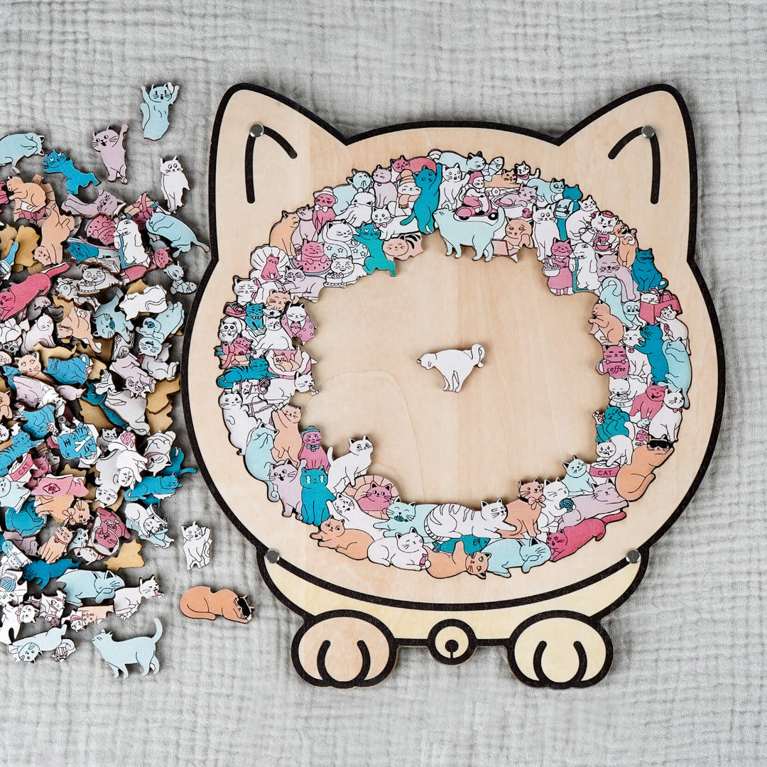 Morandi-Colored Cozy Cat Shaped Wooden Jigsaw Puzzle