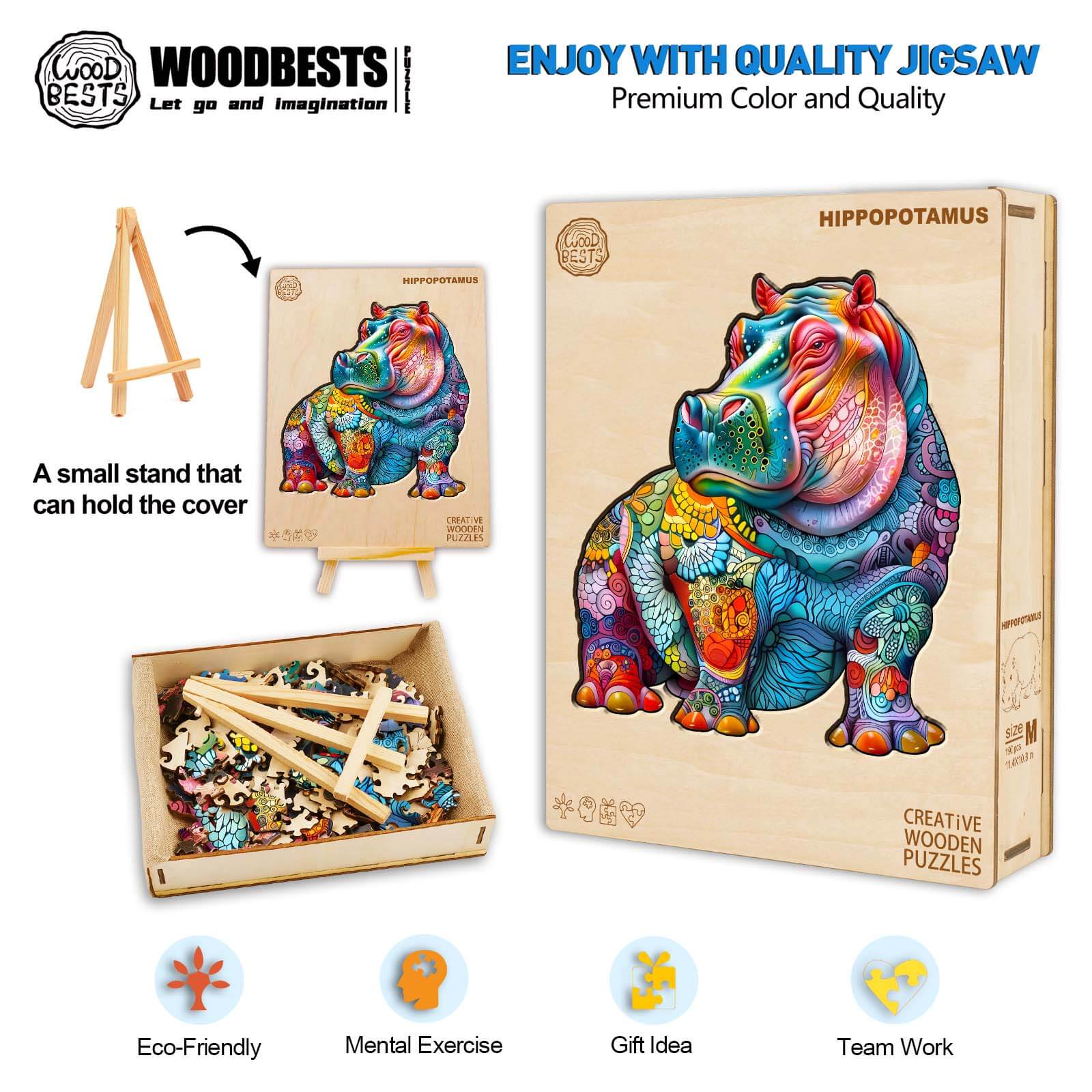 Hippopotamus wooden jigsaw puzzle by Woodbest, featuring vibrant colors and eco-friendly design for mental exercise.