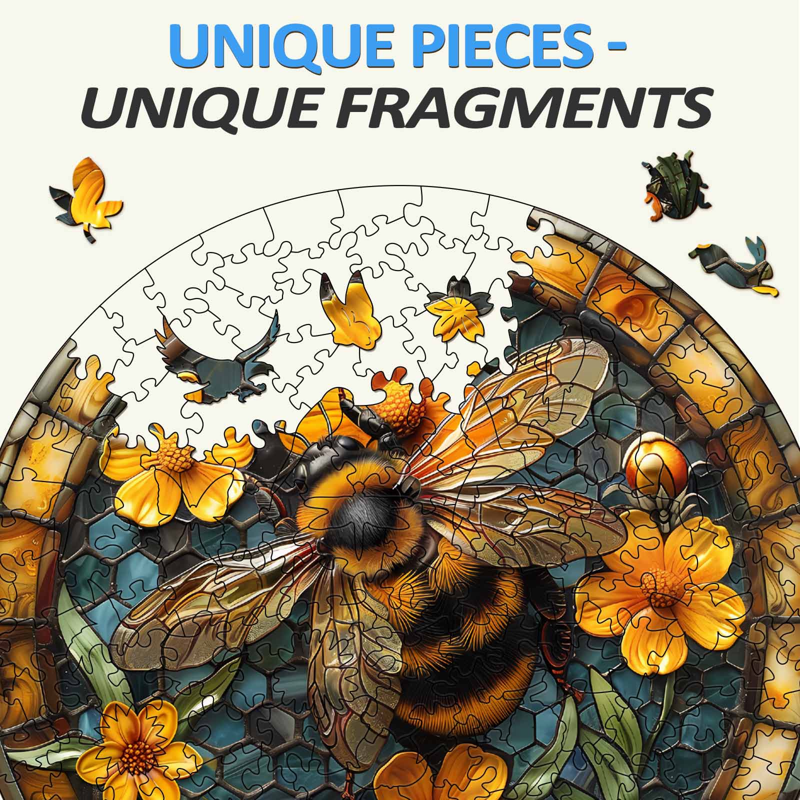 Leisurely Bee Wooden Jigsaw Puzzle featuring unique pieces and vibrant floral designs for brain-boosting fun.