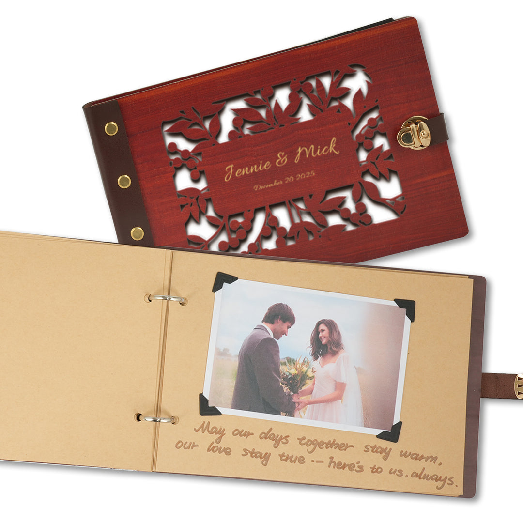 Wooden Photo Album with Carved Flowers and Engraved Names