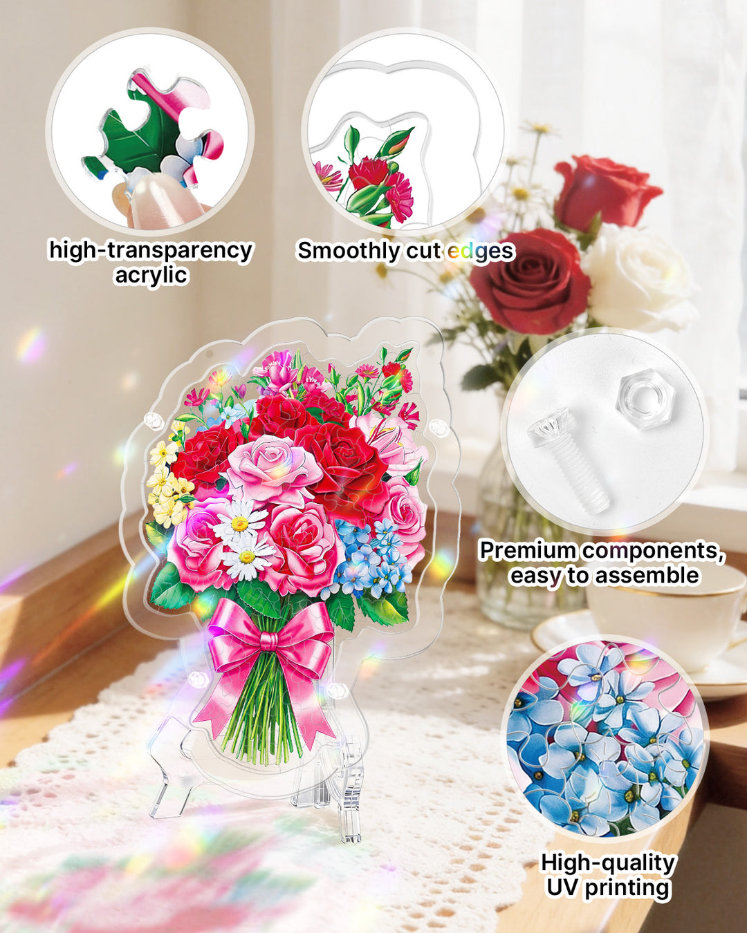 Acrylic Jigsaw Puzzle Suncatcher - Blooming Rose Bouquet