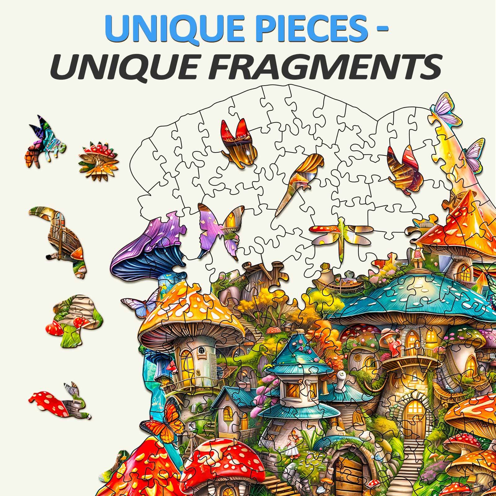 Mushroom House wooden jigsaw puzzle showcasing unique pieces with vibrant colors and intricate details for puzzle lovers.