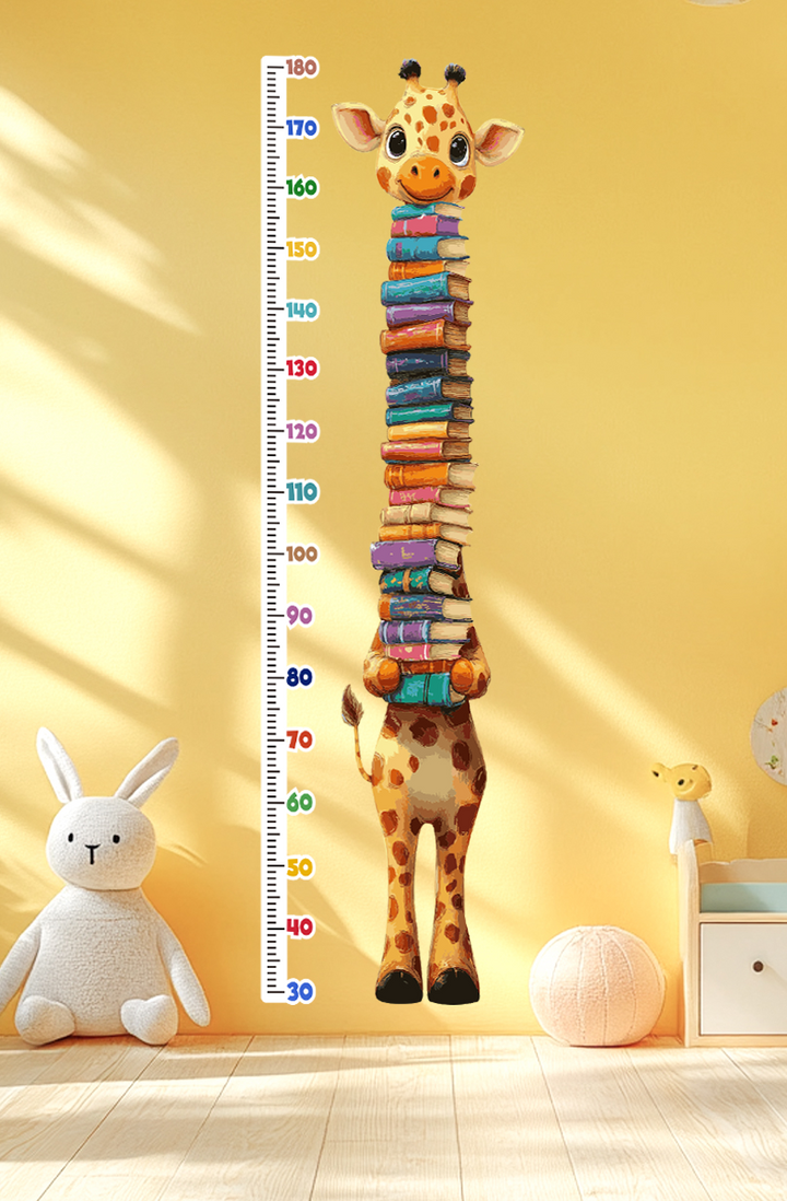 Lindo gráfico de crecimiento de jirafa sosteniendo libros, calcomanía de pared