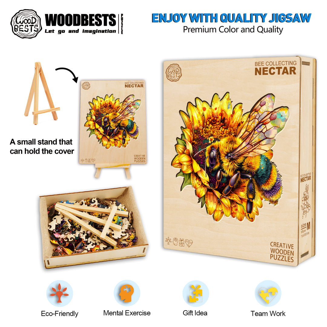 Rompecabezas de madera de abeja recogiendo néctar 