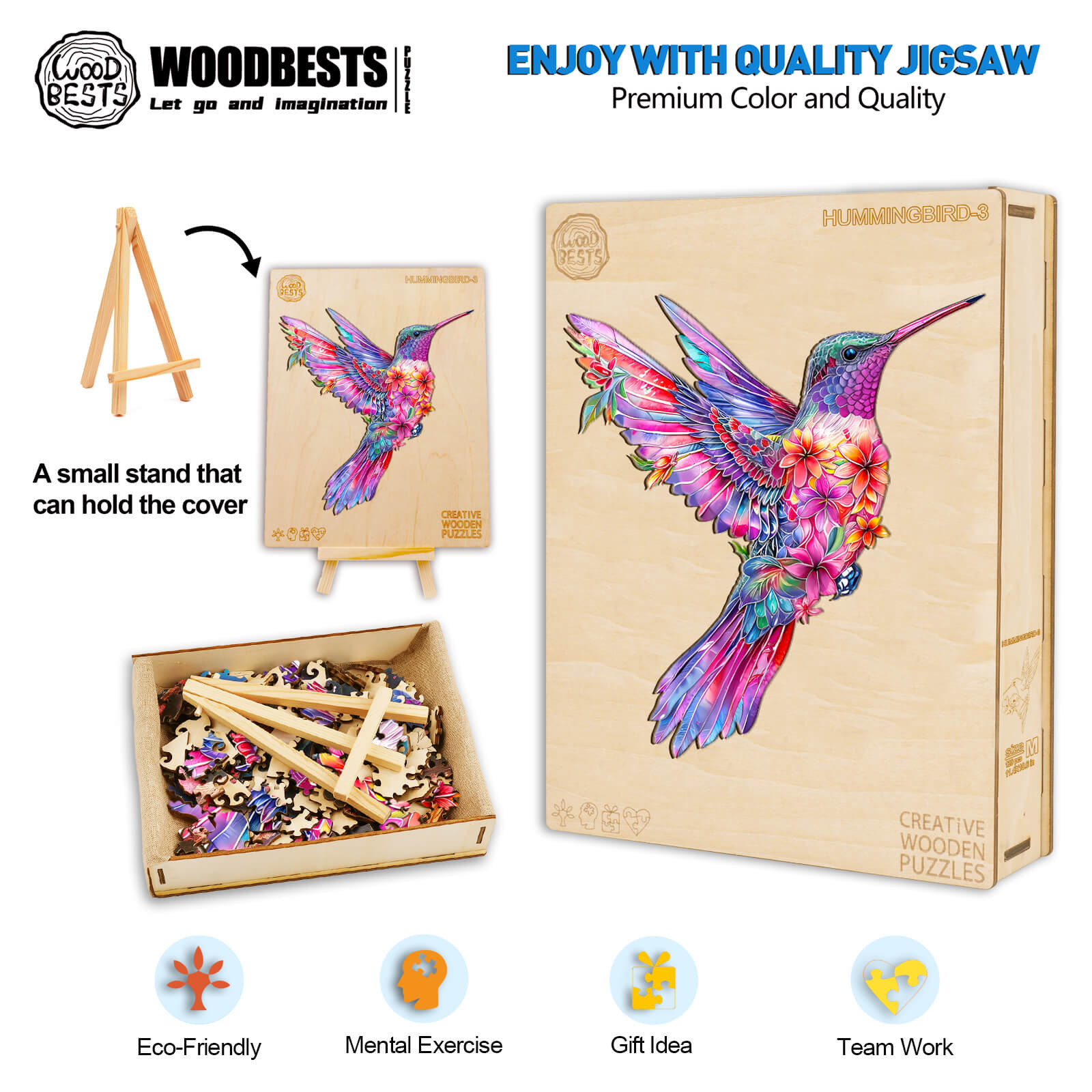 Hummingbird-3 wooden jigsaw puzzle featuring vibrant colors, designed for mental exercise and eco-friendly fun.