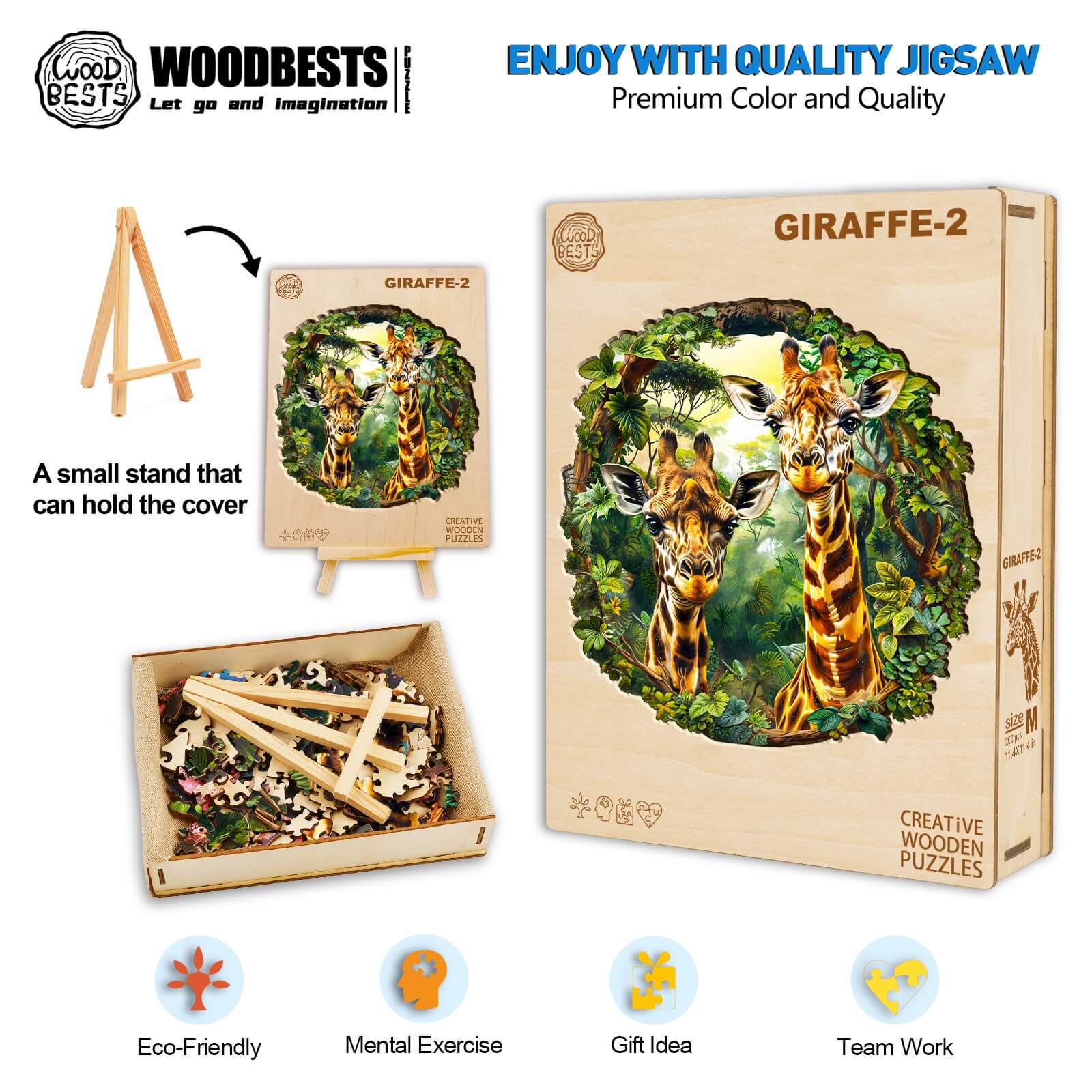 Giraffe-2 Wooden Jigsaw Puzzle with vibrant artwork, eco-friendly wood, and small stand for display.