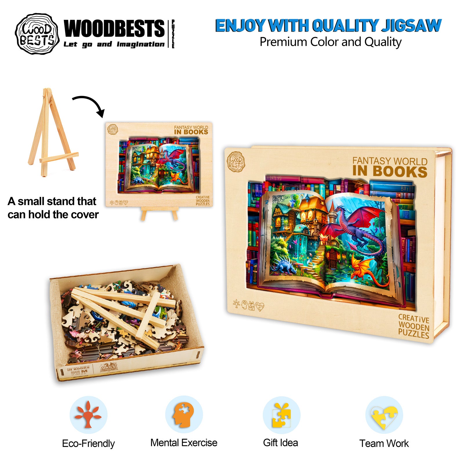 Colorful Fantasy World in Books wooden jigsaw puzzle showcasing creative design and eco-friendly materials.