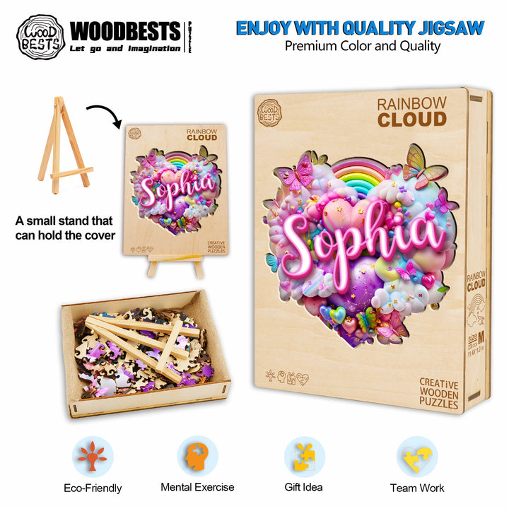 Rainbow Cloud Custom Name Wooden Jigsaw Puzzle