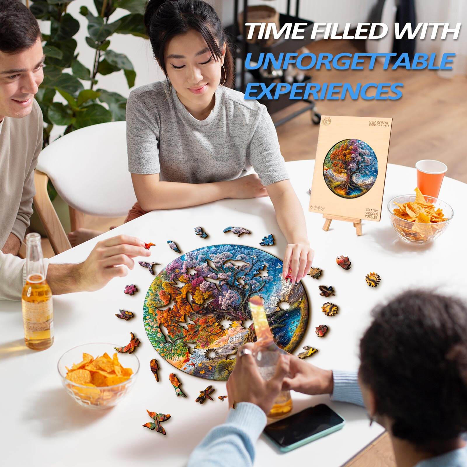 Friends enjoying the Seasonal Tree of Life-1 wooden jigsaw puzzle, creating unforgettable experiences together.