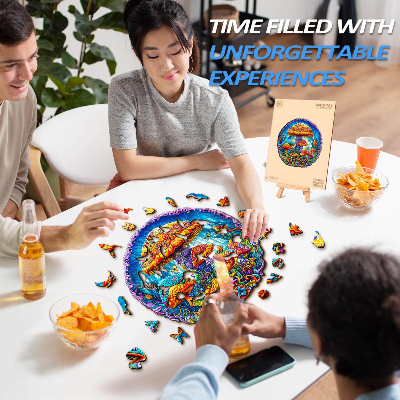 Three friends enjoying a Magical Mushrooms Wooden Jigsaw Puzzle on a table with snacks and drinks, creating unforgettable experiences.