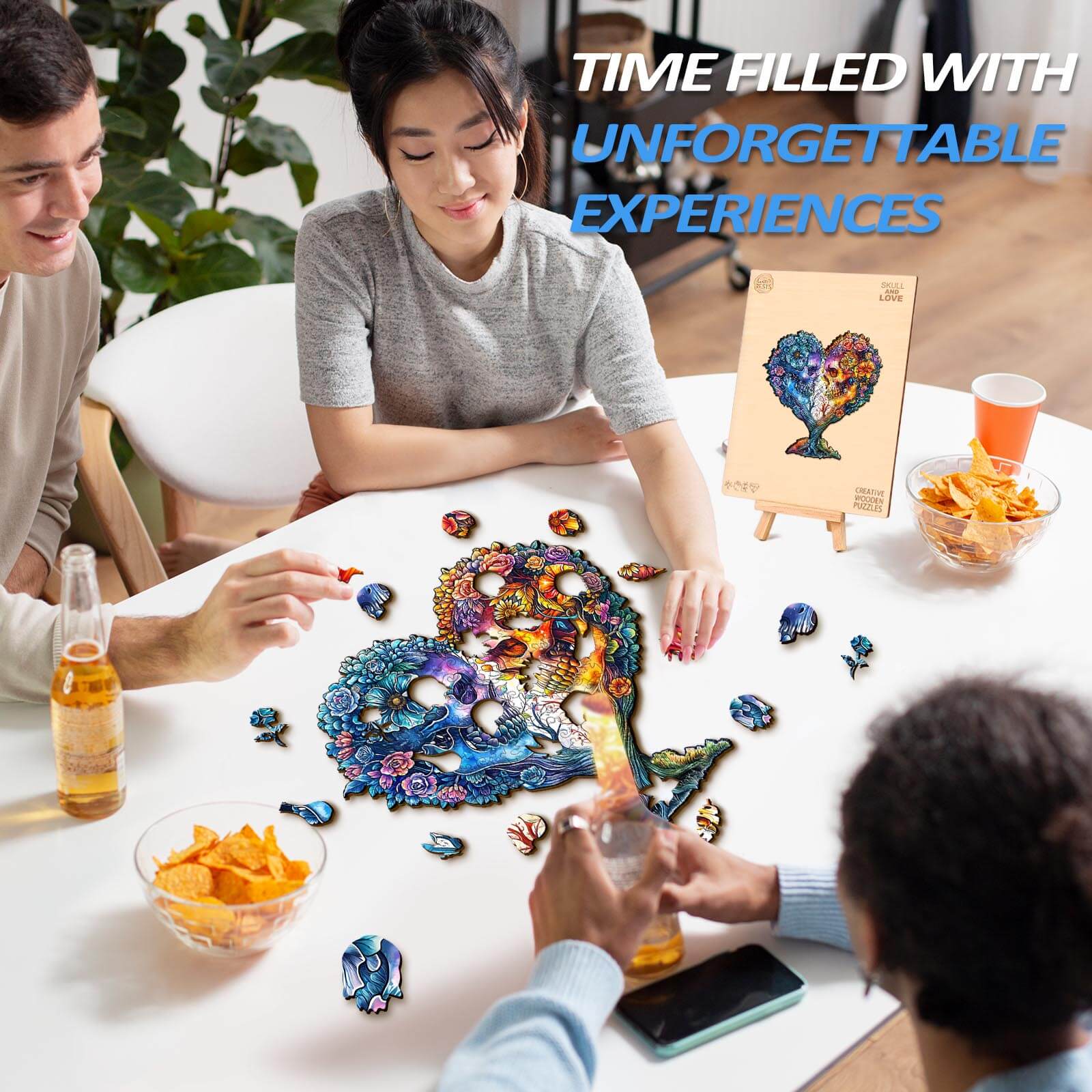 Group enjoying the Skull and Love wooden jigsaw puzzle, enhancing focus and creating unforgettable experiences.