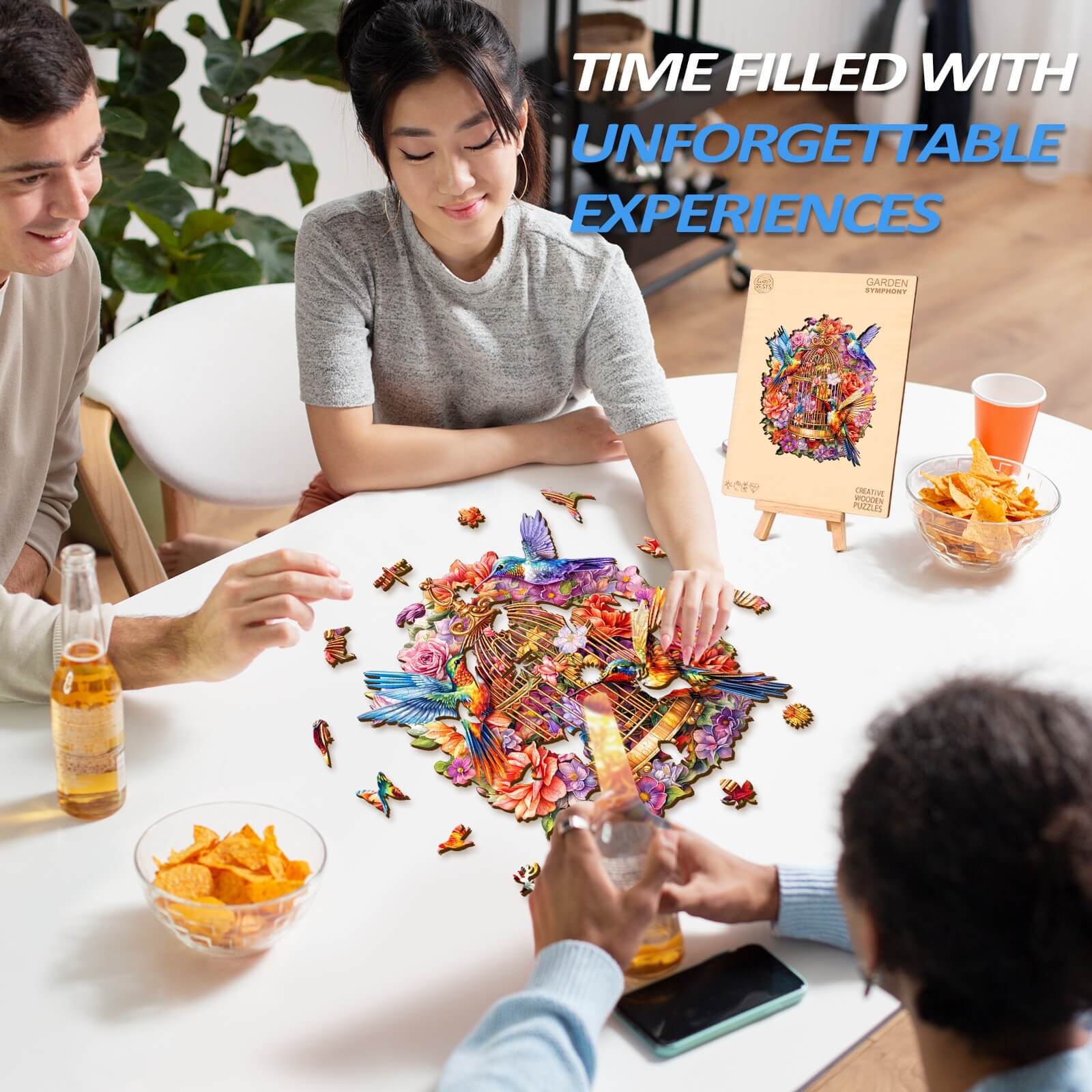 Friends enjoying the Garden Symphony wooden jigsaw puzzle, creating unforgettable experiences while focused and engaged.