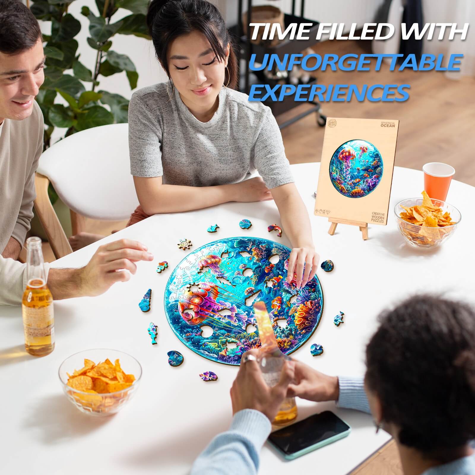 Group enjoying the Spherical Ocean Wooden Jigsaw Puzzle, emphasizing focus and creativity while solving the puzzle.