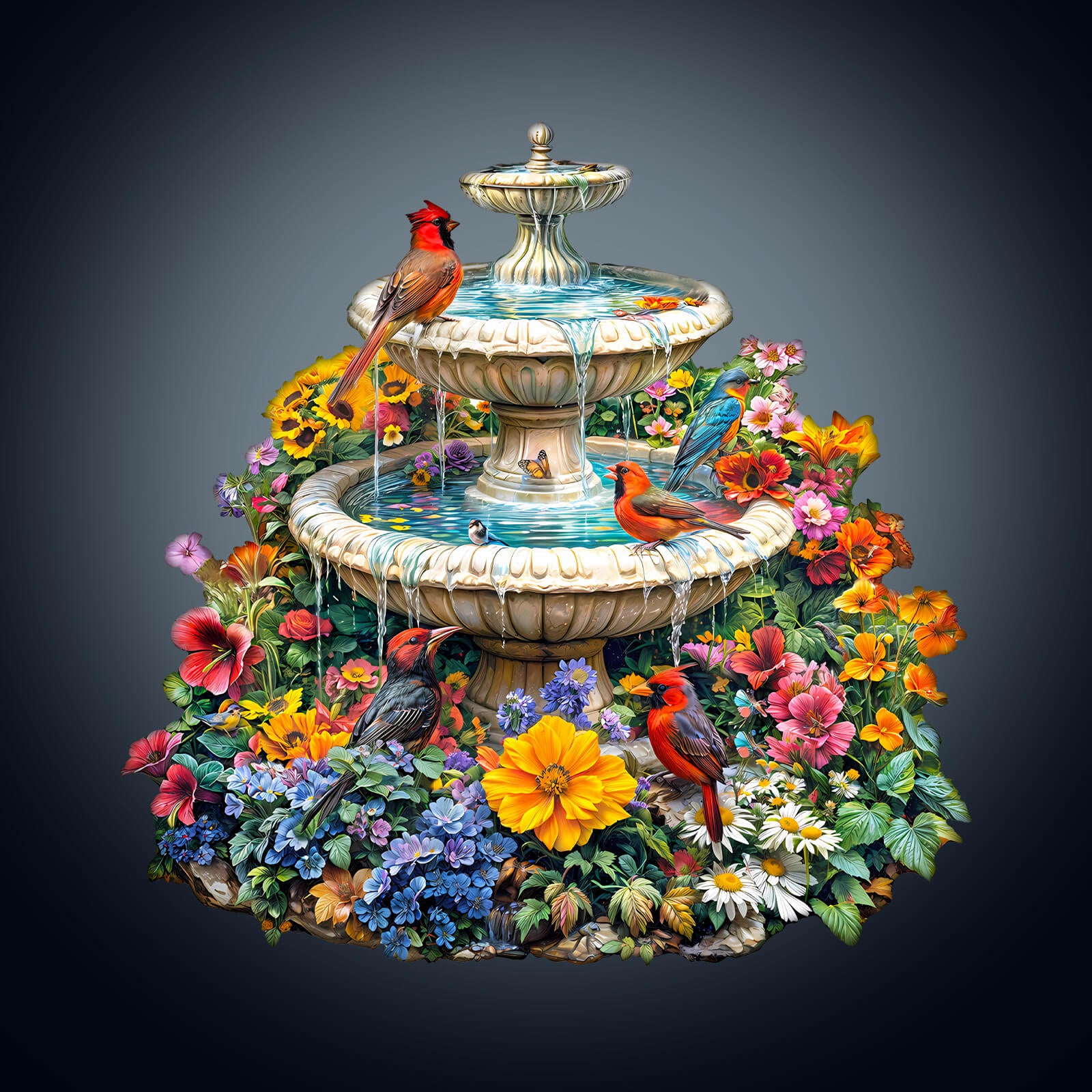 Vibrant wooden jigsaw puzzle featuring a fountain surrounded by colorful flowers and birds, perfect for puzzle enthusiasts.