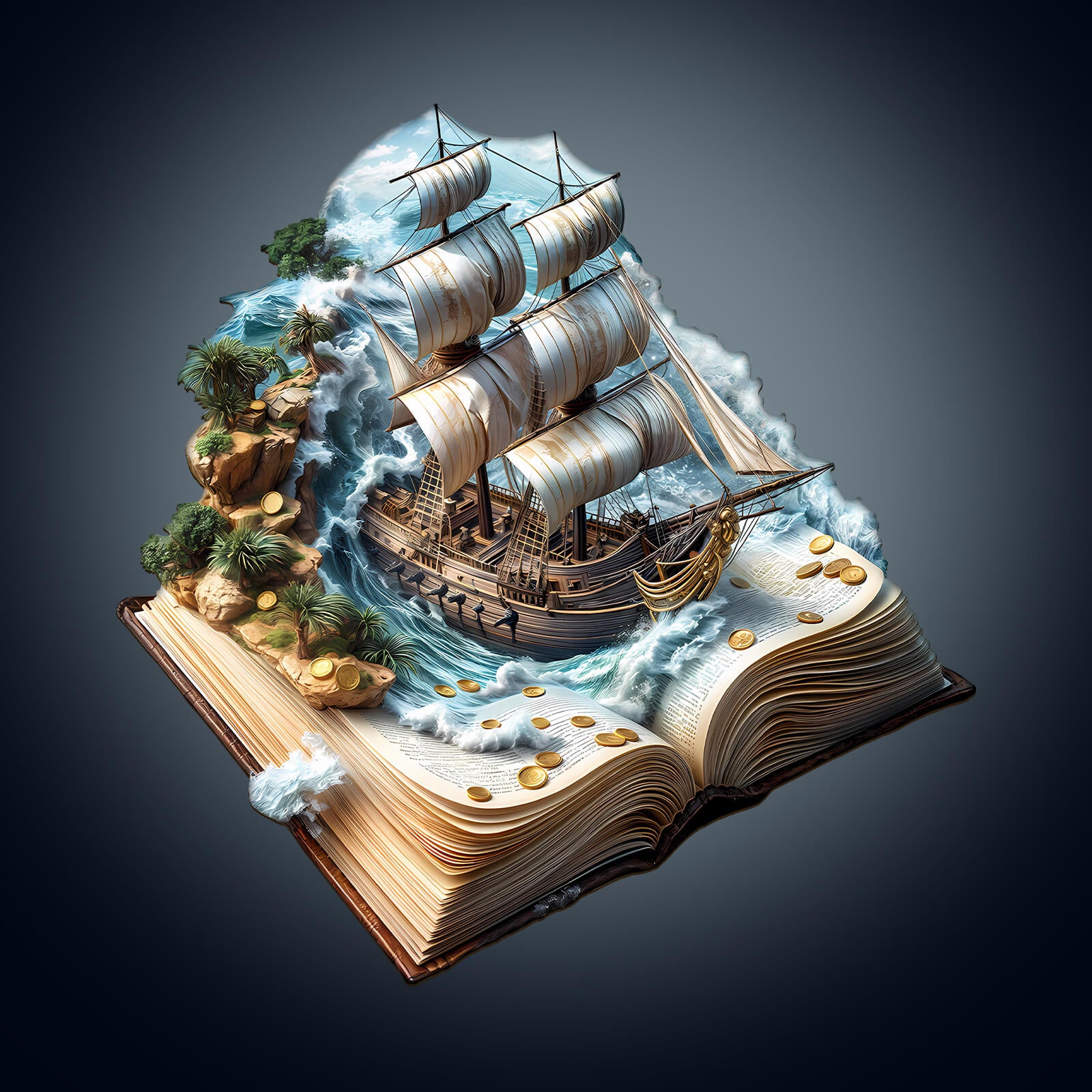 3D illustration of a ship sailing from an open book, surrounded by waves and treasure, symbolizing adventure and imagination.