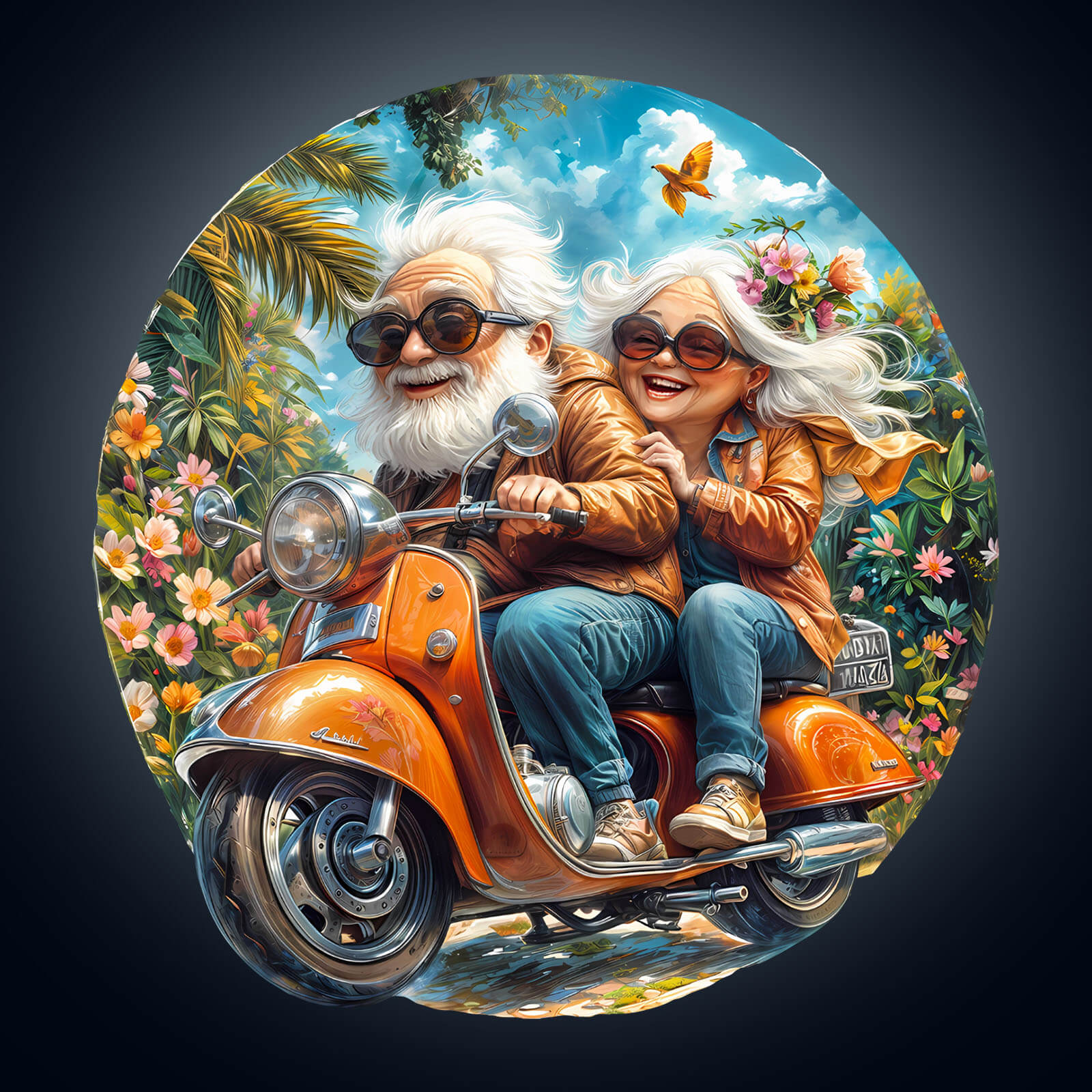 Motorcycle Granny-2 wooden jigsaw puzzle featuring cheerful seniors riding a classic scooter surrounded by flowers.