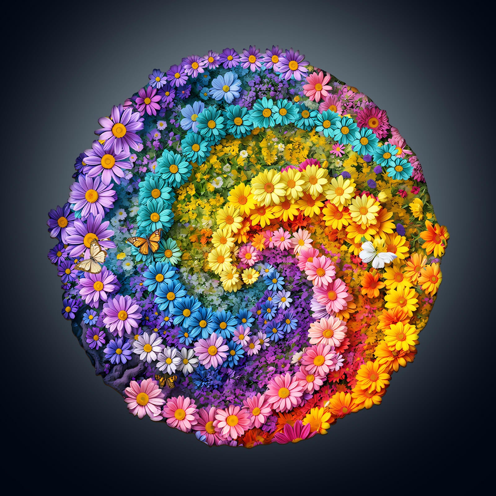 Colorful swirl of flowers in vibrant shades, showcasing a beautiful jigsaw puzzle design. Perfect for puzzle enthusiasts.