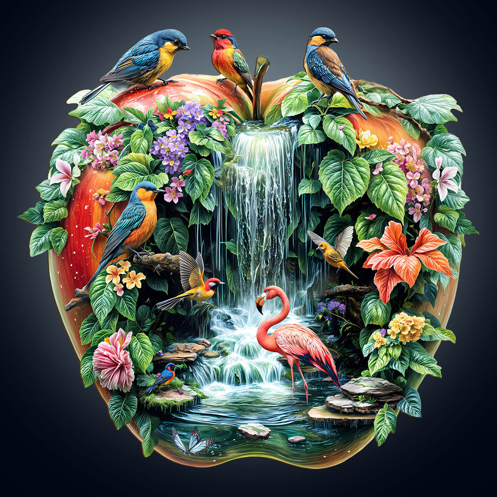 Colorful paradise garden puzzle featuring birds, flowers, and a waterfall, promoting mindfulness and focus.