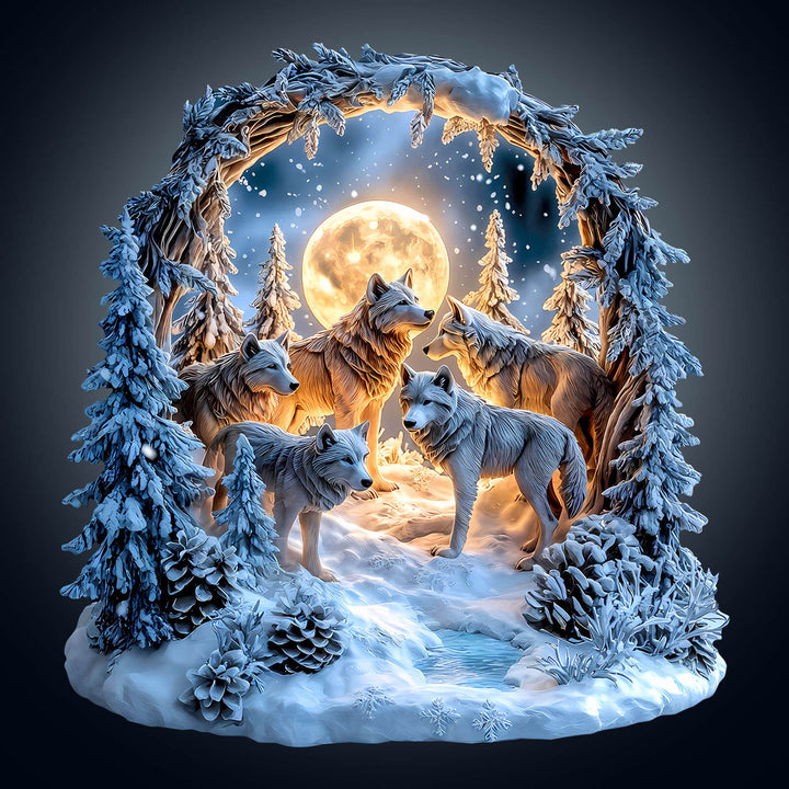 Puzzle en bois du meute de loups par une nuit enneigée