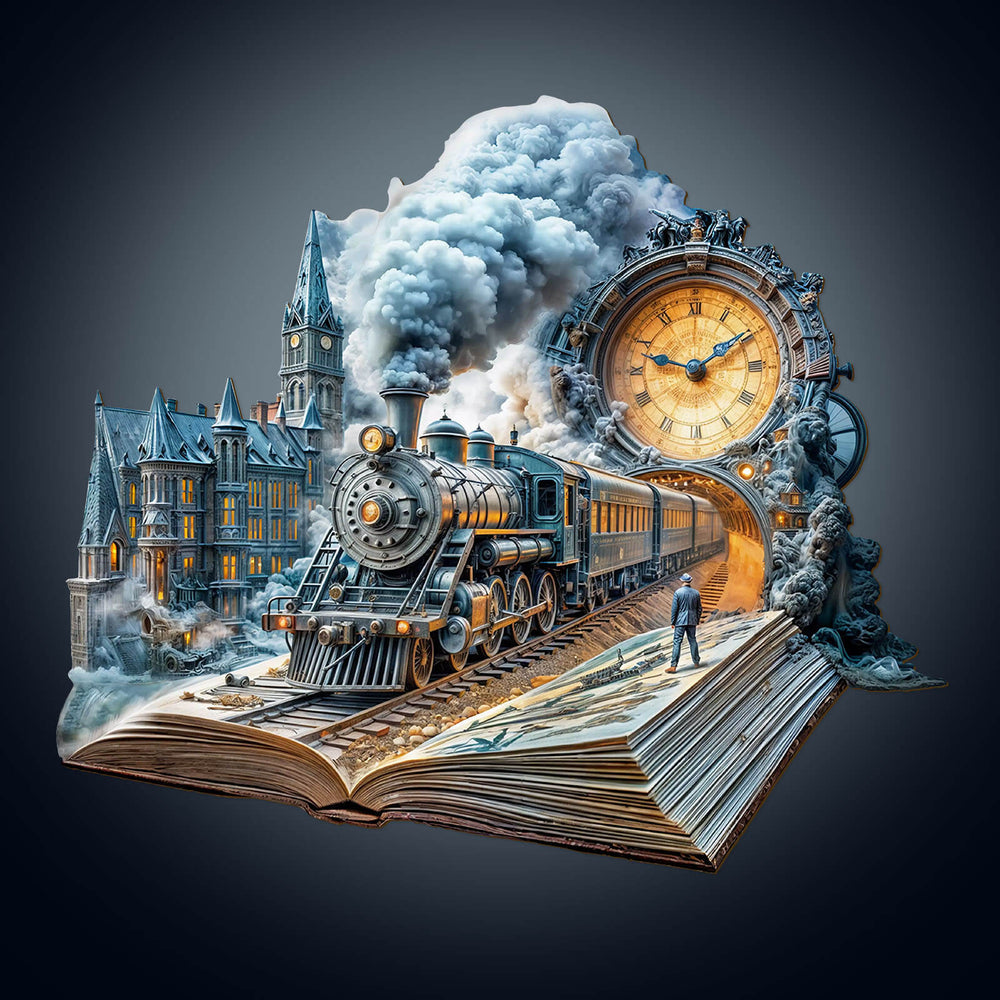 Chrono Train wooden jigsaw puzzle featuring a steam train, clock, and imaginative scenery from a storybook.