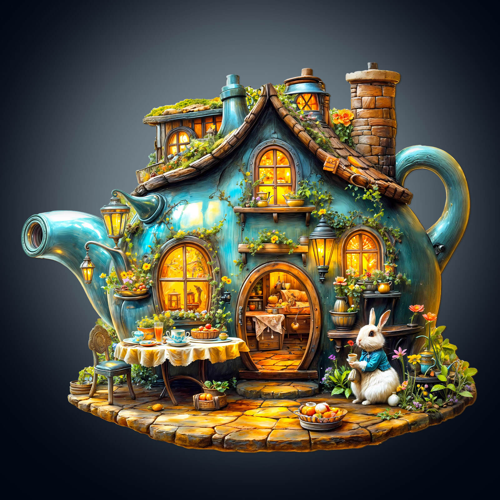 Rabbit's teapot wooden jigsaw puzzle featuring a charming cottage design, enhancing focus and mental skills while solving.