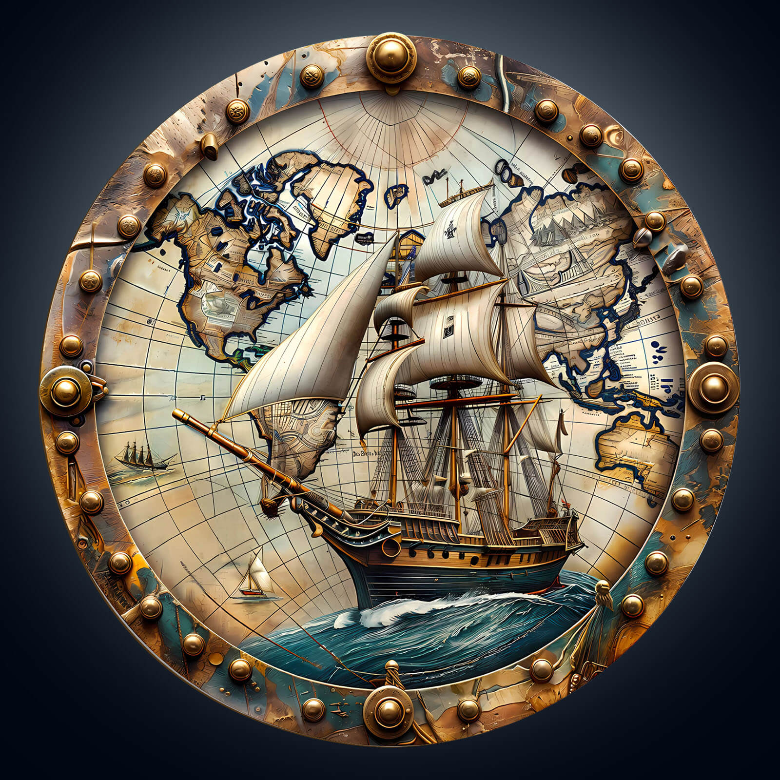 Intricate wooden jigsaw puzzle design featuring a vintage ship and a world map background, perfect for puzzle enthusiasts.