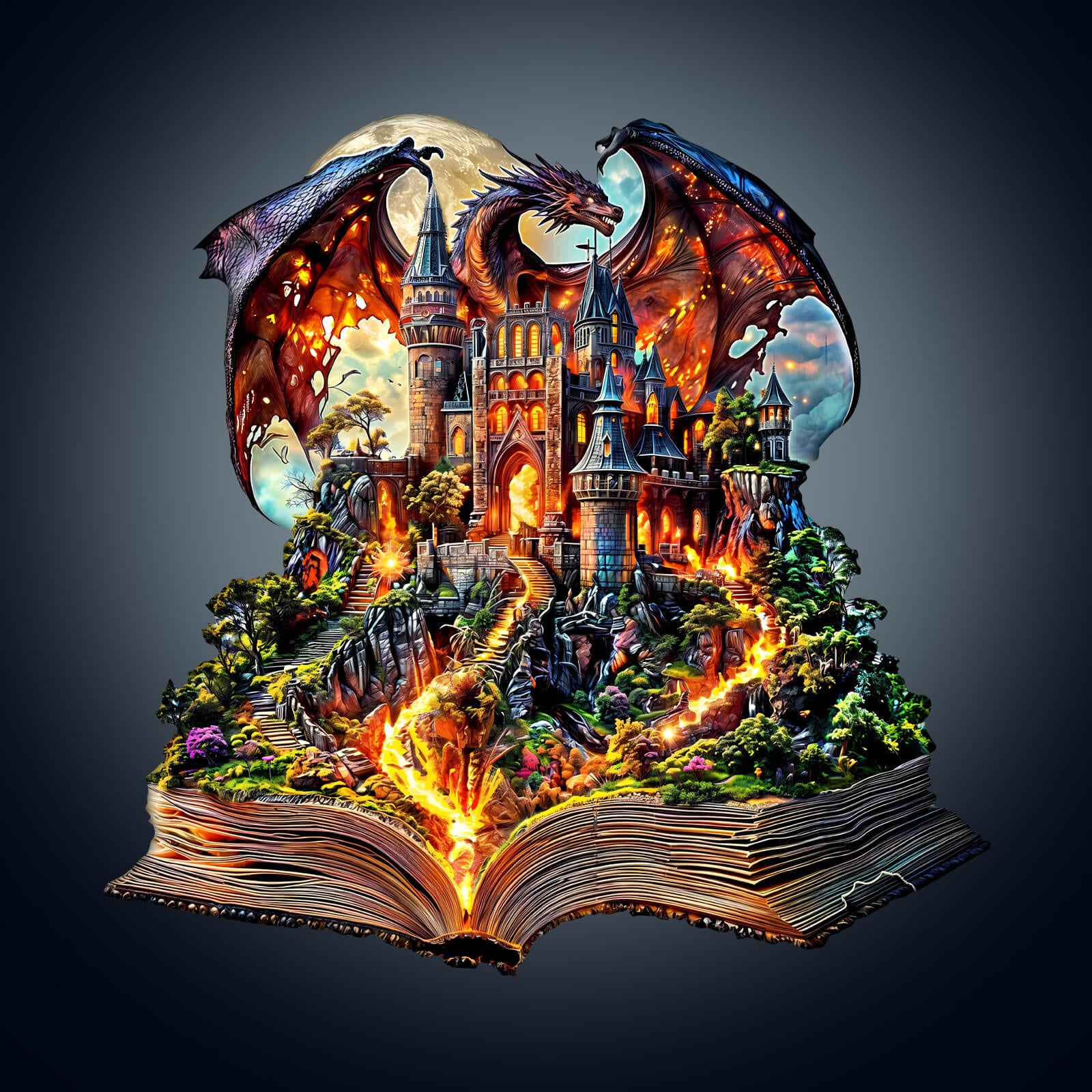 Stunning fantasy scene of a castle and dragon emerging from an open book, showcasing an epic tale in vivid colors.