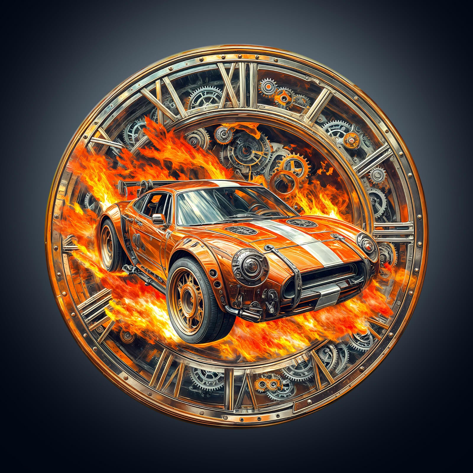 Illustration of an orange racing car with flames, surrounded by gears, symbolizing speed and adventure.