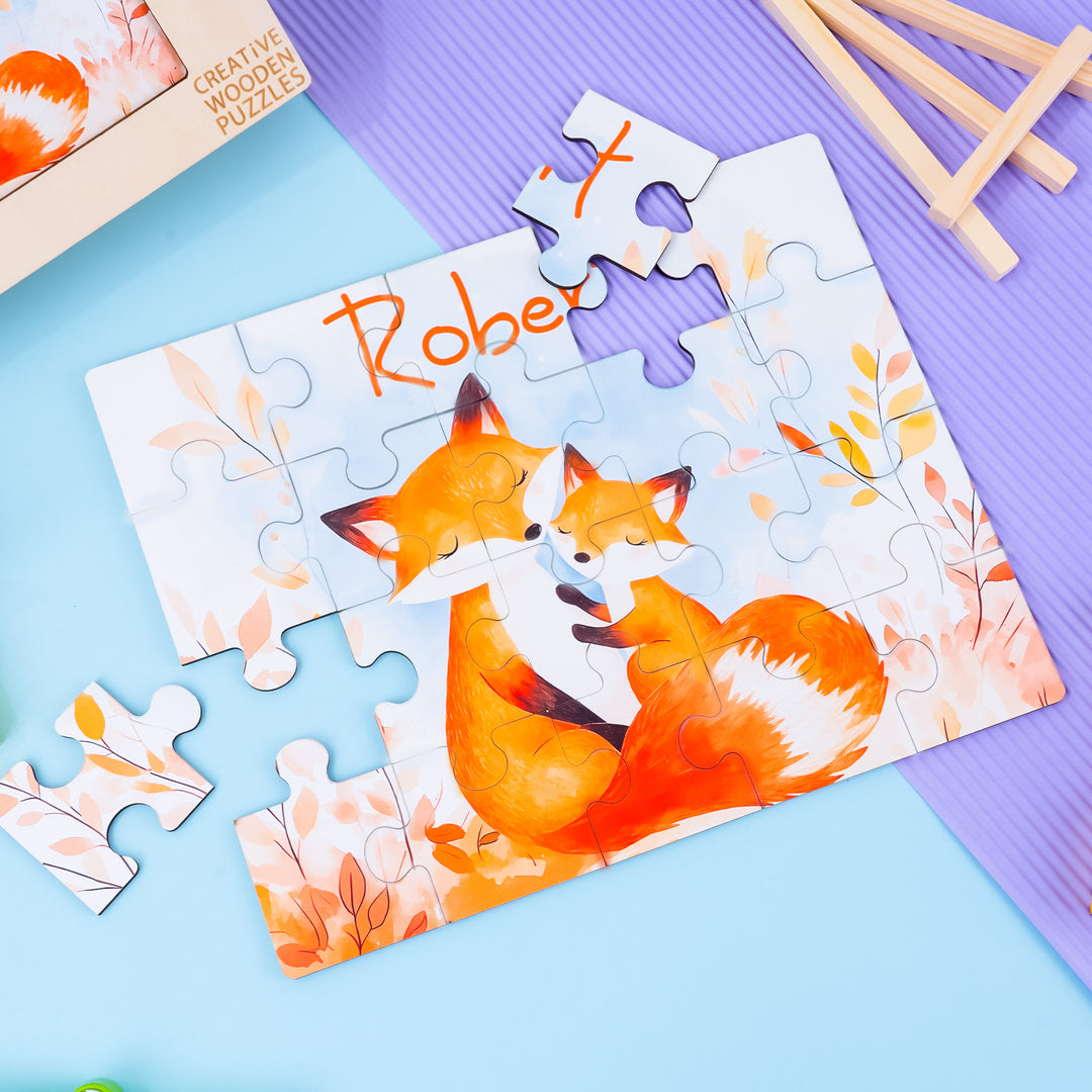 Fox Family - Children's Name Custom Wooden Jigsaw Puzzle