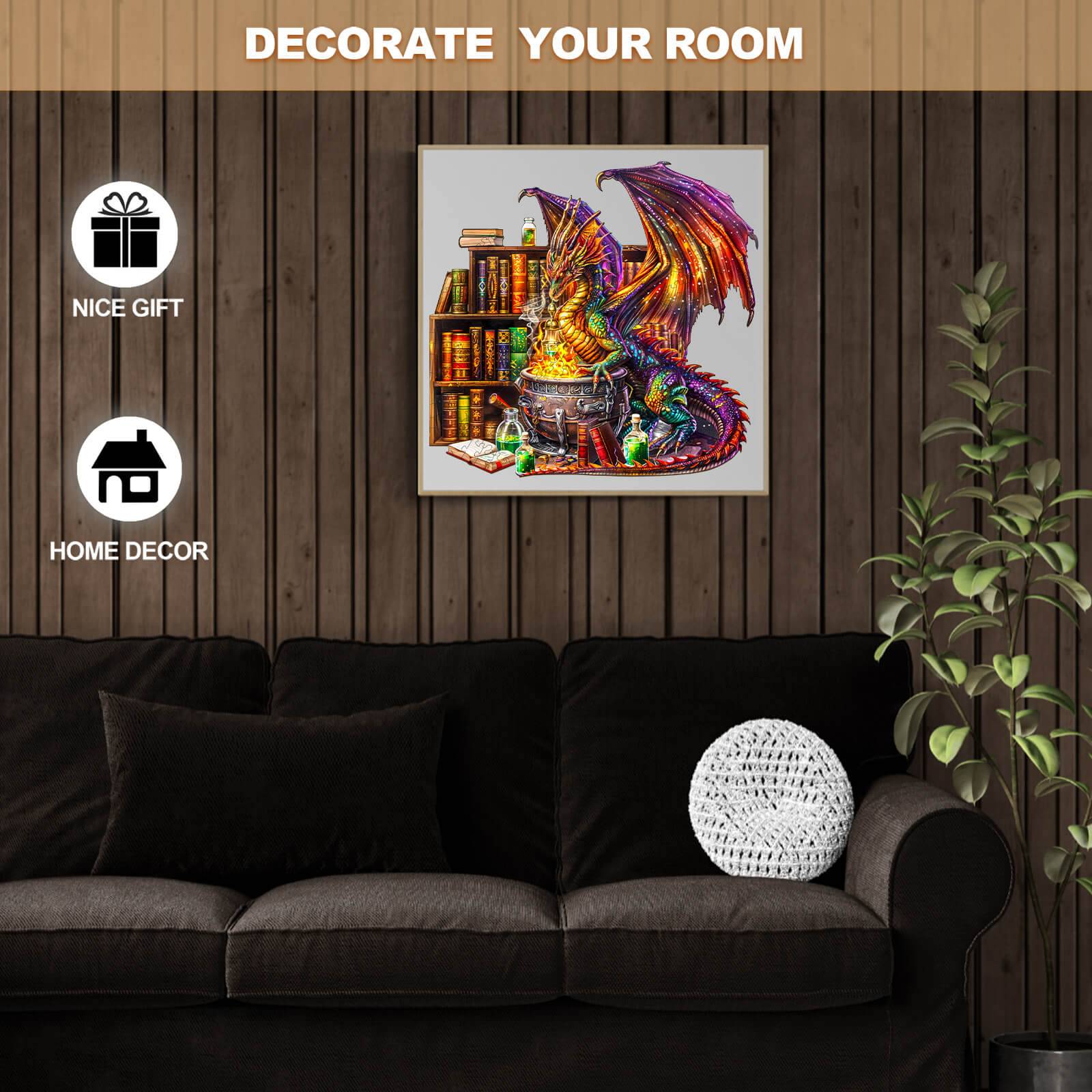 Colorful dragon puzzle art above sofa, showcasing magical scene with books and potion for home decor.