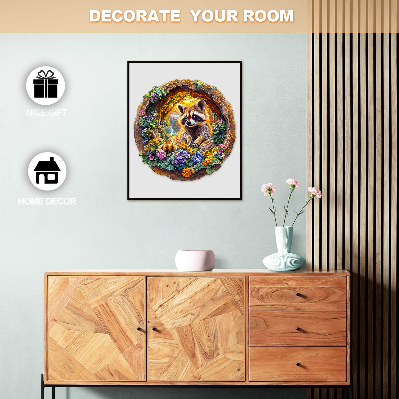 3D Raccoon on Vacation wooden jigsaw puzzle displayed as home decor, perfect for enhancing room aesthetics.