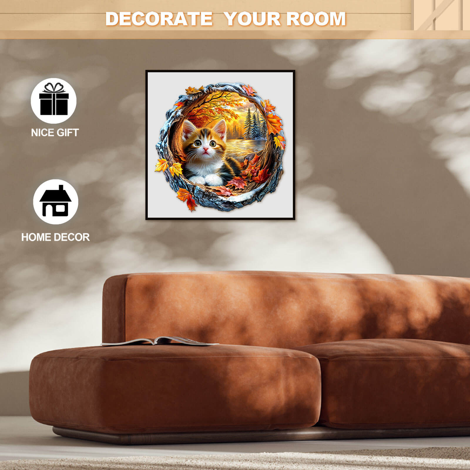 3D Kitten in Autumn Wooden Jigsaw Puzzle displayed as home decor on a stylish couch, perfect for room decoration and gifting.