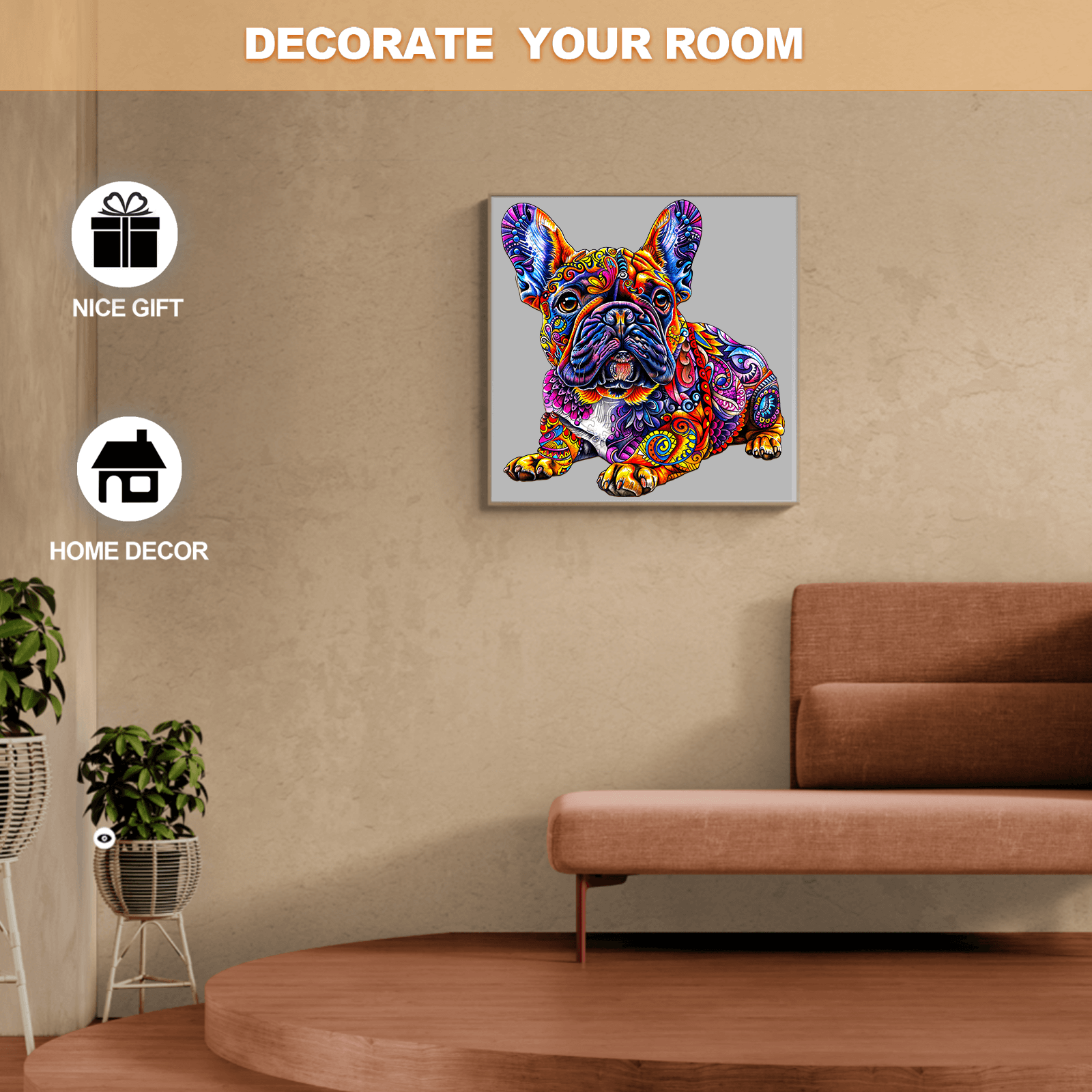 Colorful French Bulldog wall art for home decor and gifts, enhancing room aesthetics.