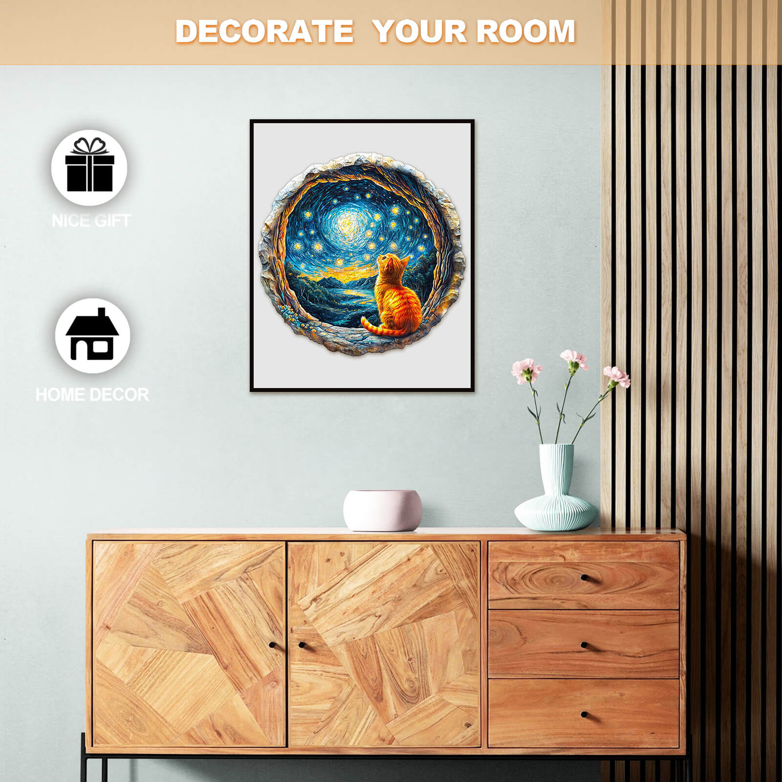 Colorful cat art print with starry sky in decorative frame, ideal for home decor and gifts.