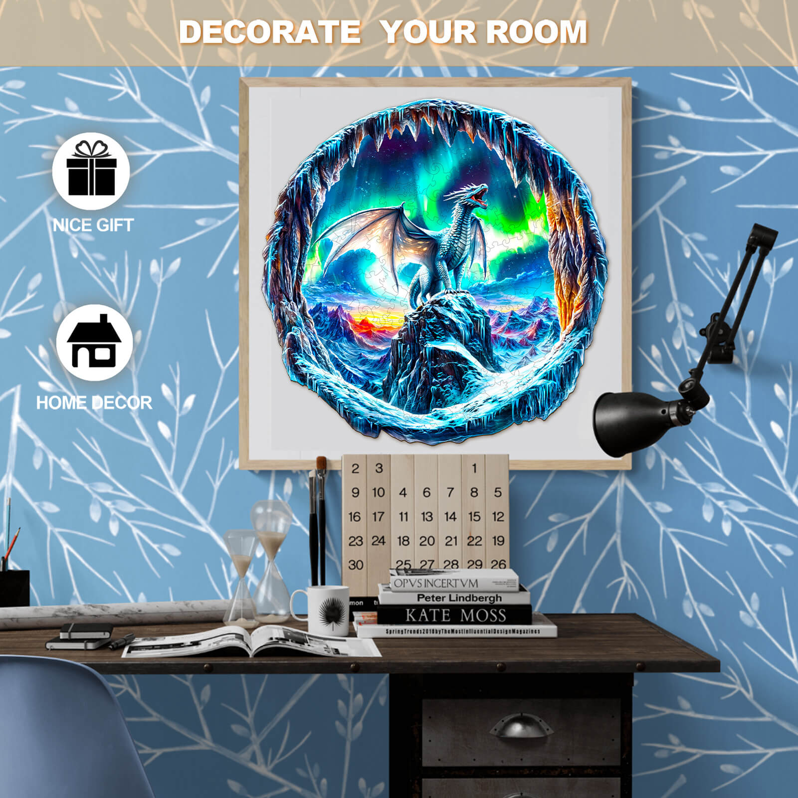 3D Aurora Dragon wooden jigsaw puzzle featured in stylish home decor setting with vibrant colors and a cozy feel.
