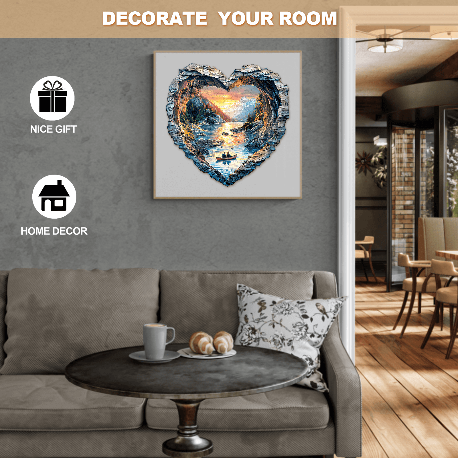 3D Lake Louise wooden jigsaw puzzle framed in a heart shape, showcasing beautiful scenery for home decor.