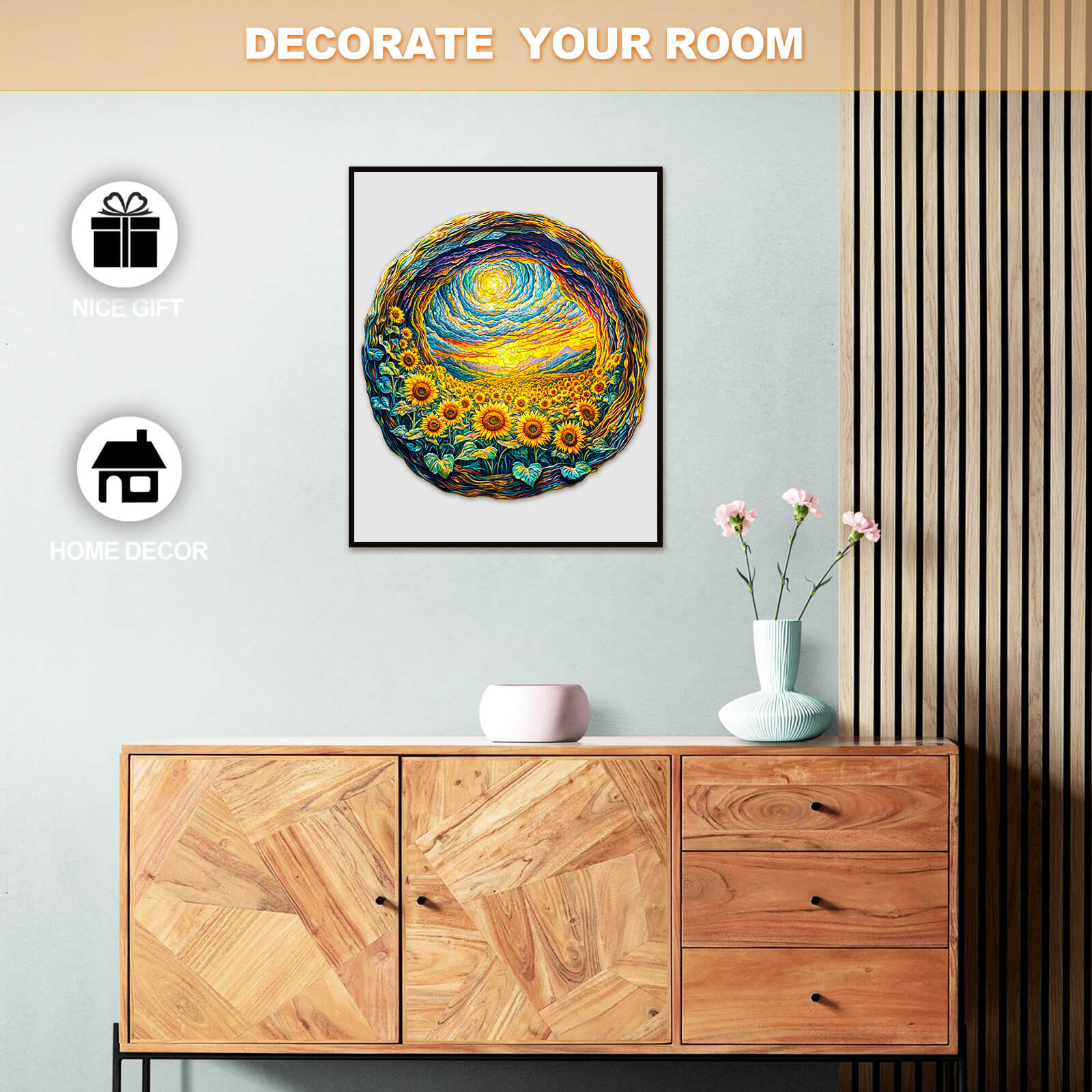 Beautiful circular wall art featuring vibrant sunflowers, perfect for home decor and gifts.