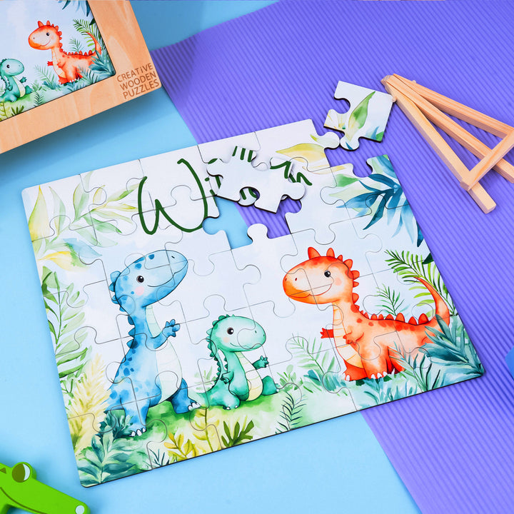 Dinosaur Family - Children's Name Custom Wooden Jigsaw Puzzle