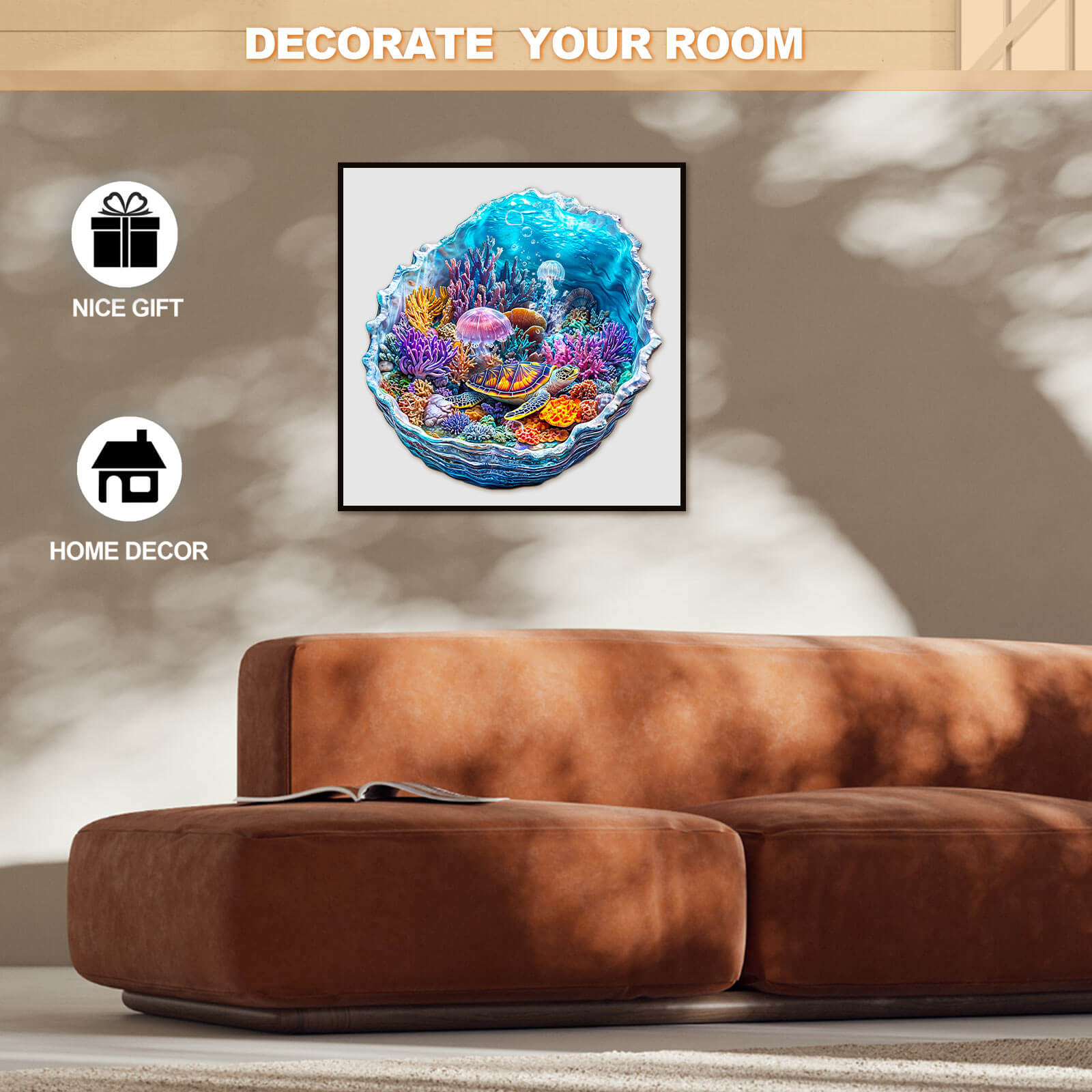 3D Ocean's Embrace wooden jigsaw puzzle displayed as home decor, perfect for gifting and enhancing room aesthetics.