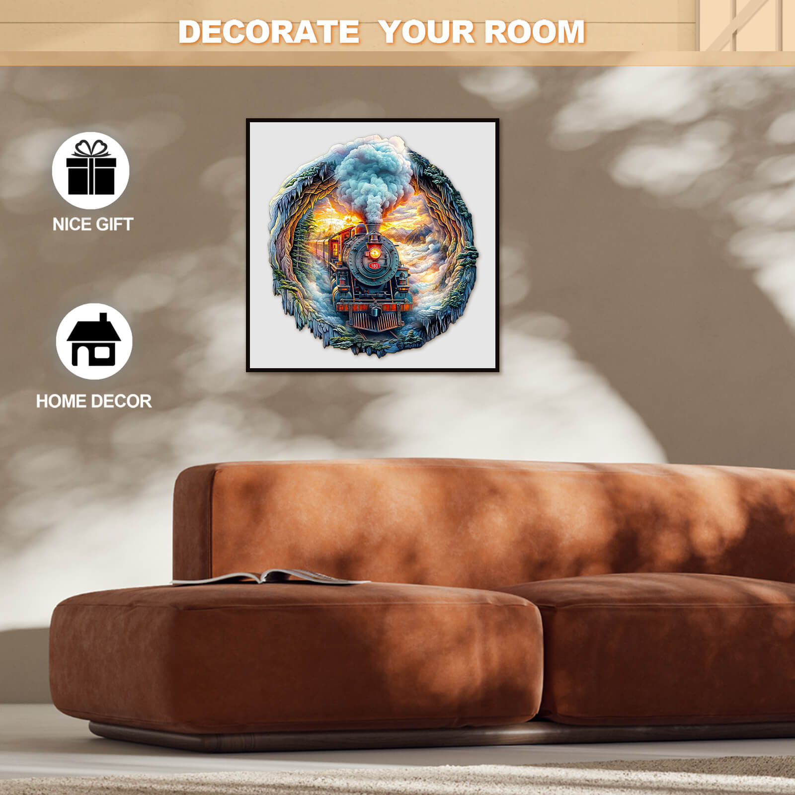 Stylish home decor featuring a 3D steam train artwork on a wall, perfect for gift giving and enhancing room aesthetics.