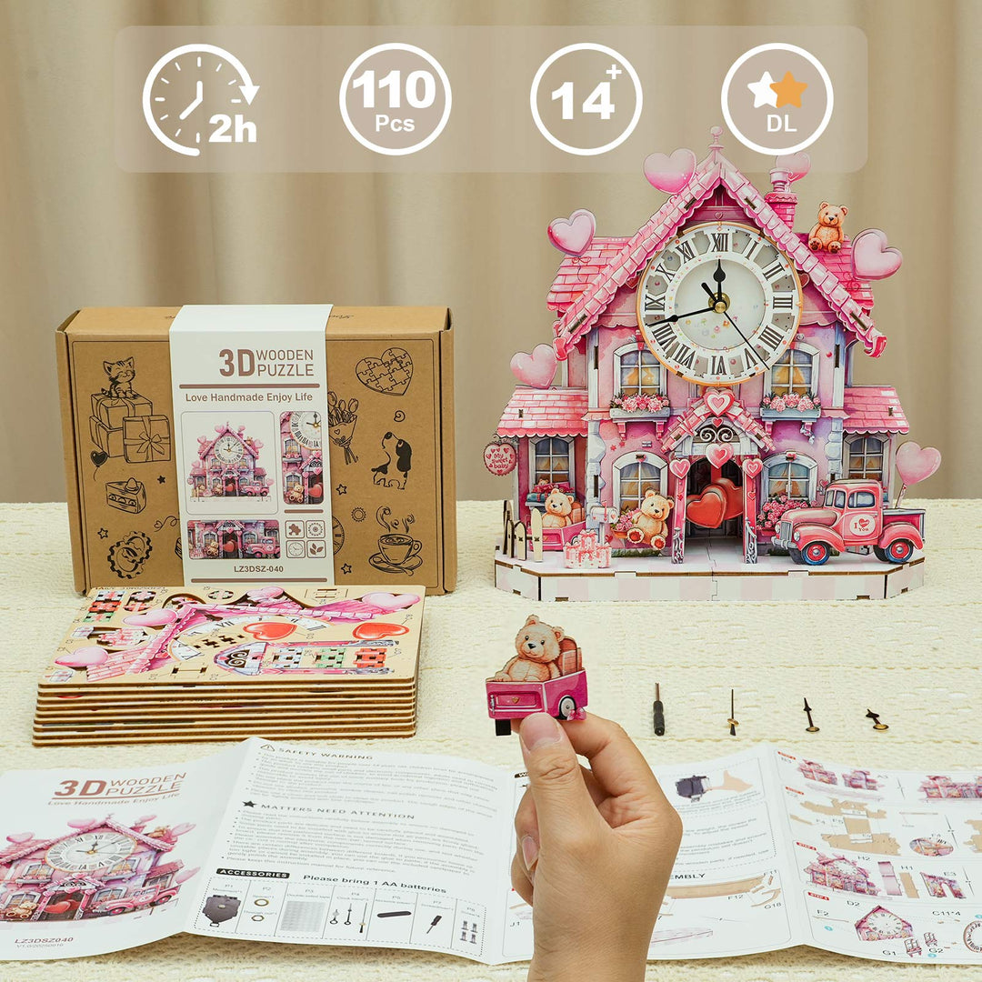 Sweetheart Cottage – DIY Wooden Clock, 3D Puzzle Craft Kit