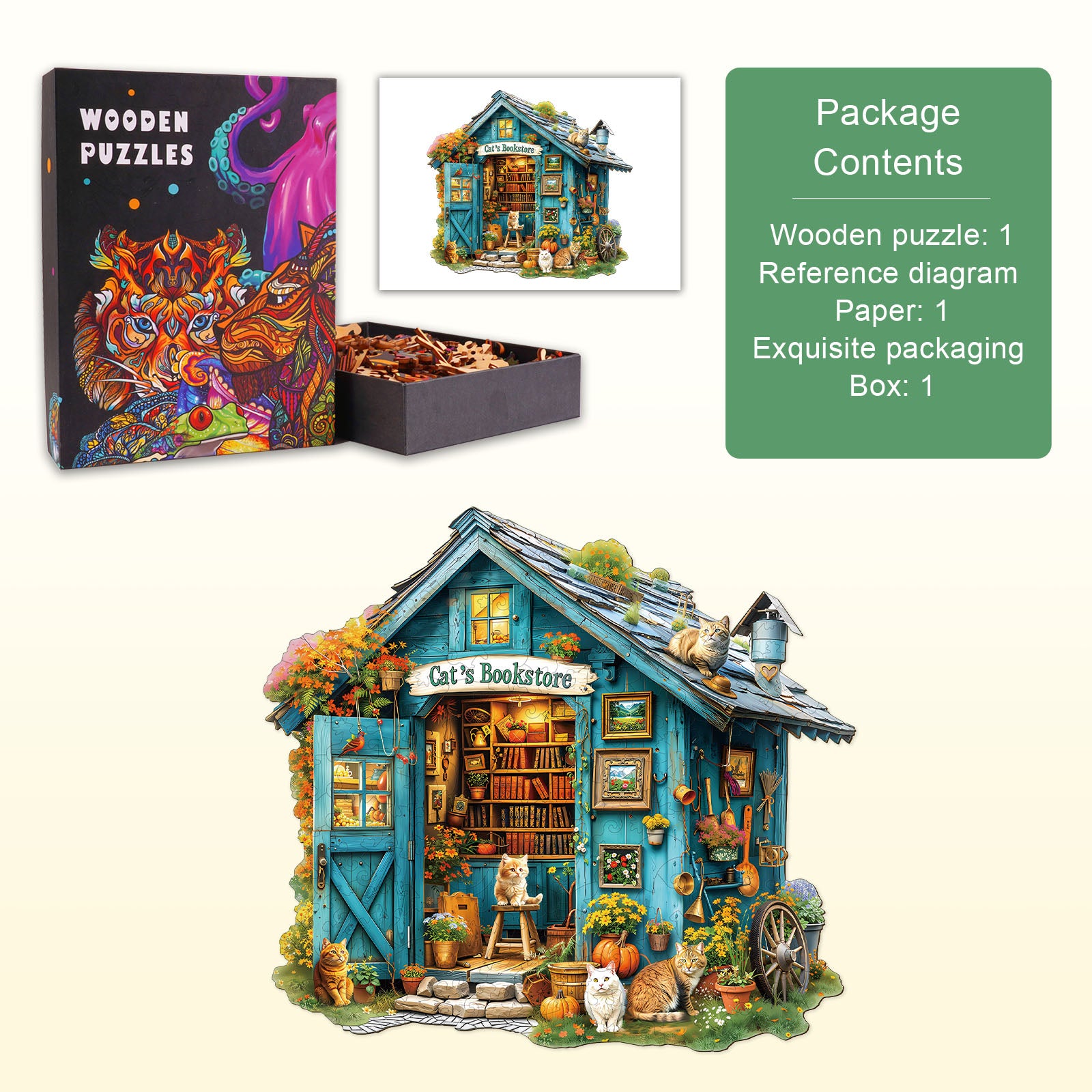 Cat's Bookstore Wooden Jigsaw Puzzle
